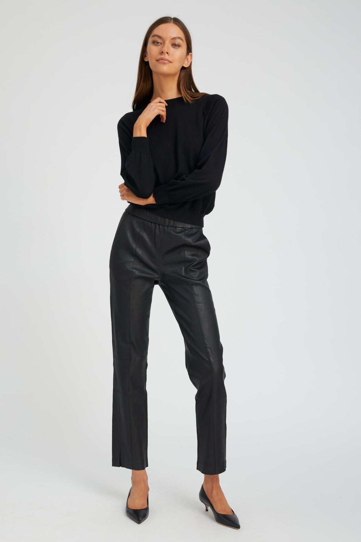 BLACK LEATHER SOPHIA PINTUCK JOGGERS - 2