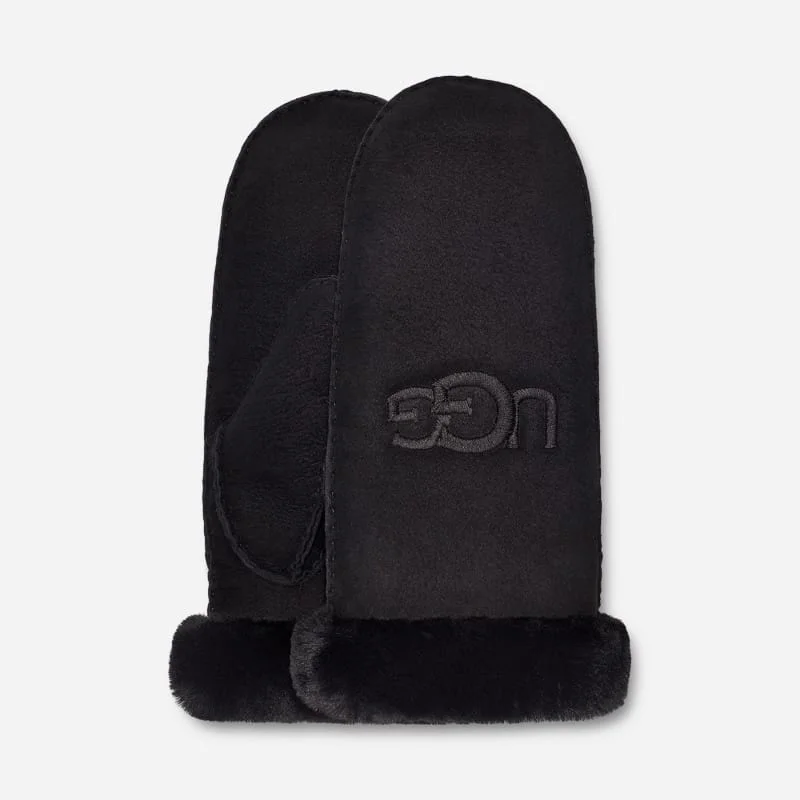 ® Women's Sheepskin Embroider Mitten in Black - 1