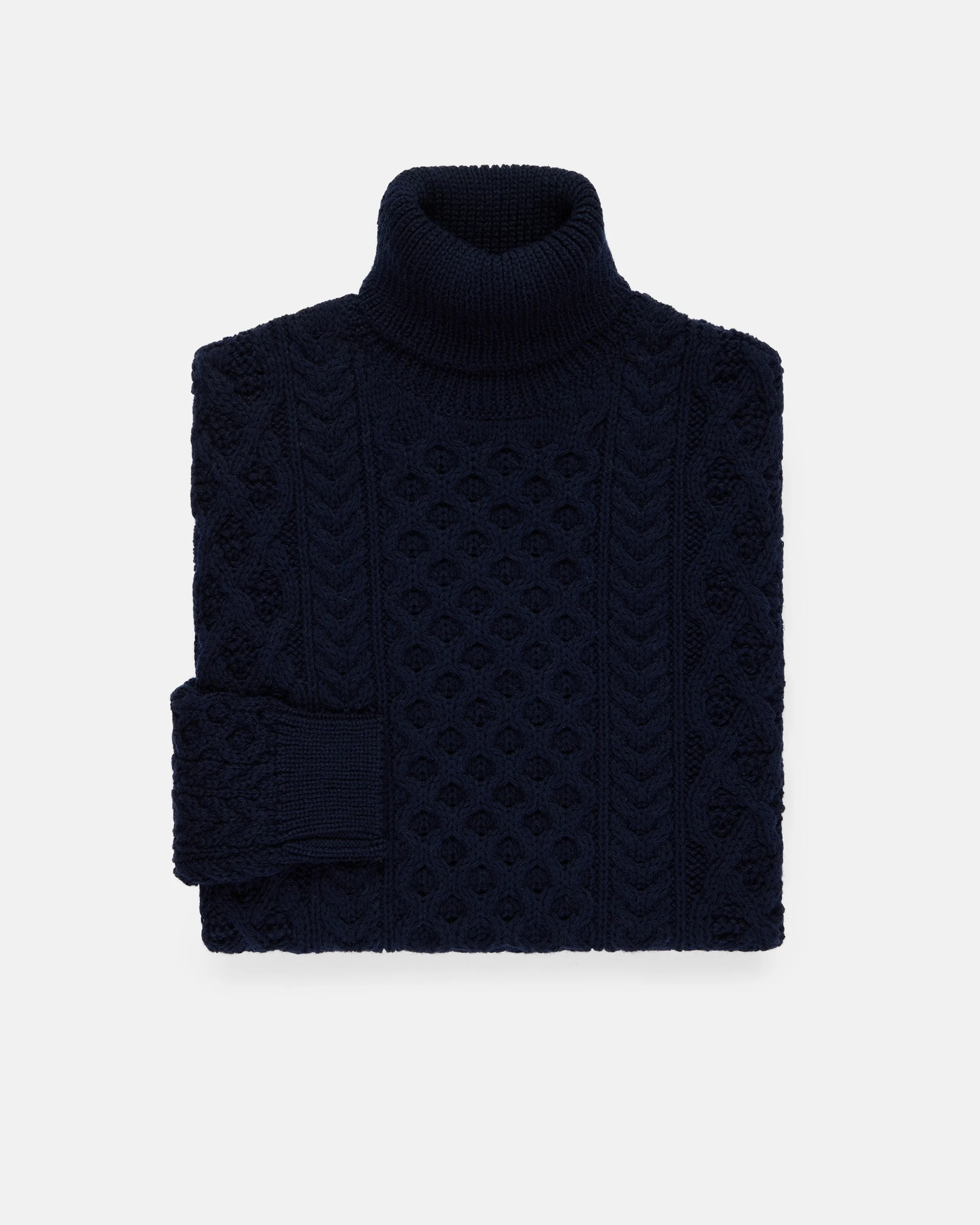 MADE-IN-IRELAND NAVY ARAN KNIT TURTLENECK SWEATER - 1