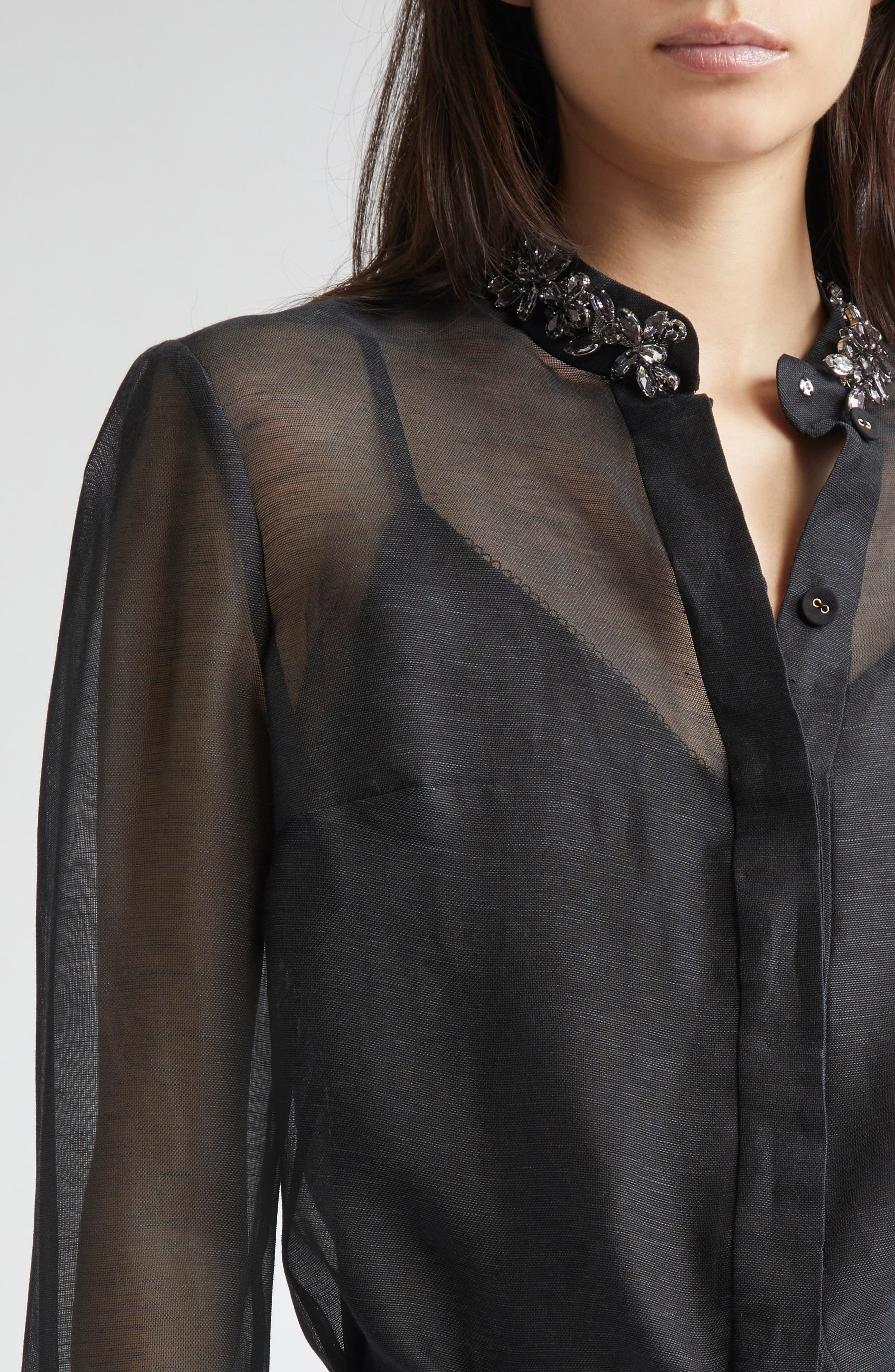 Zimmermann Hypnotic Crystal Embellished Sheer Linen & Silk Button-Up Shirt in Black at Nordstrom - 5