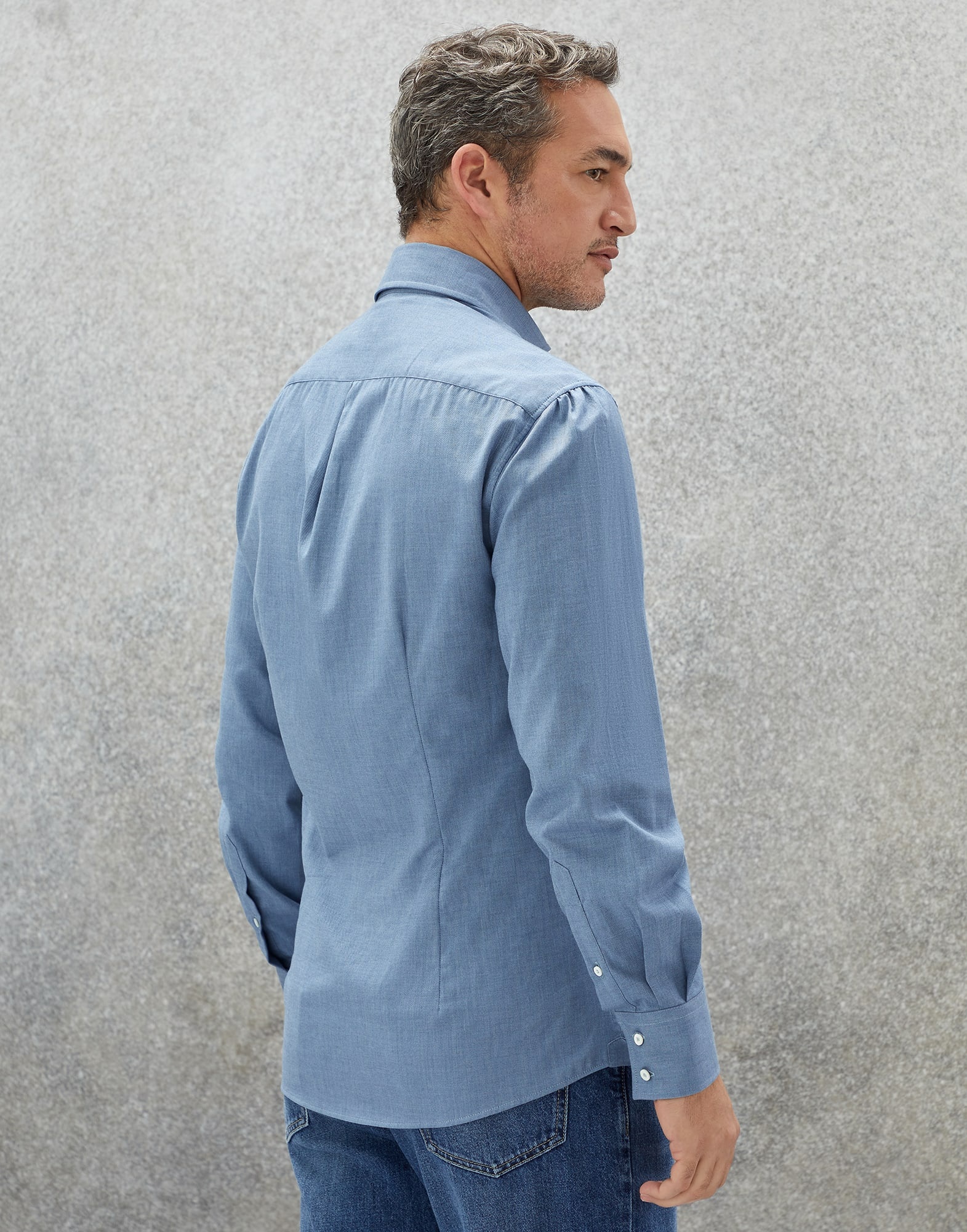 Denim-effect flannel slim fit shirt with spread collar - 2