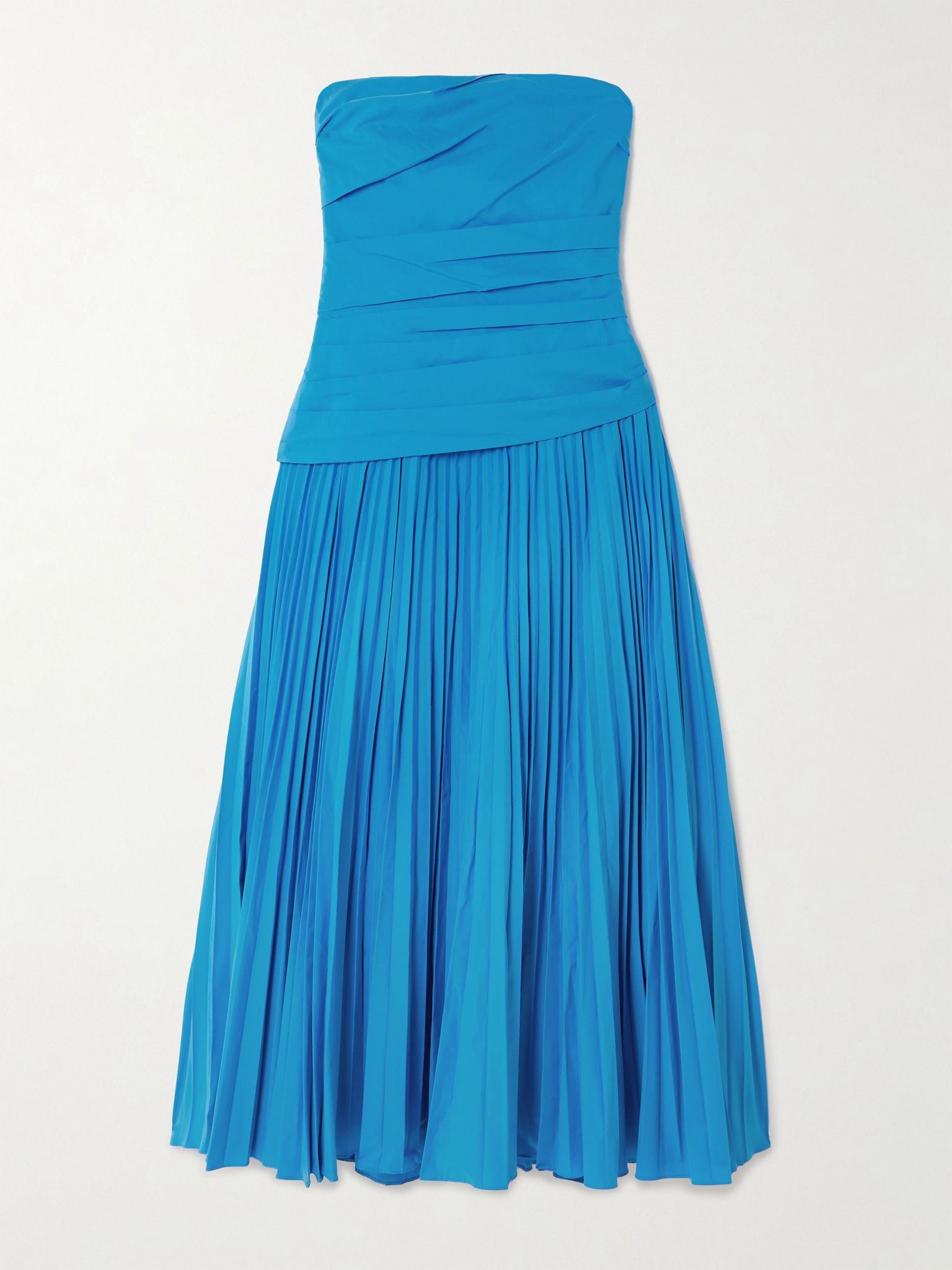 Arie strapless gathered pleated cotton-blend poplin midi dress Blue - 1