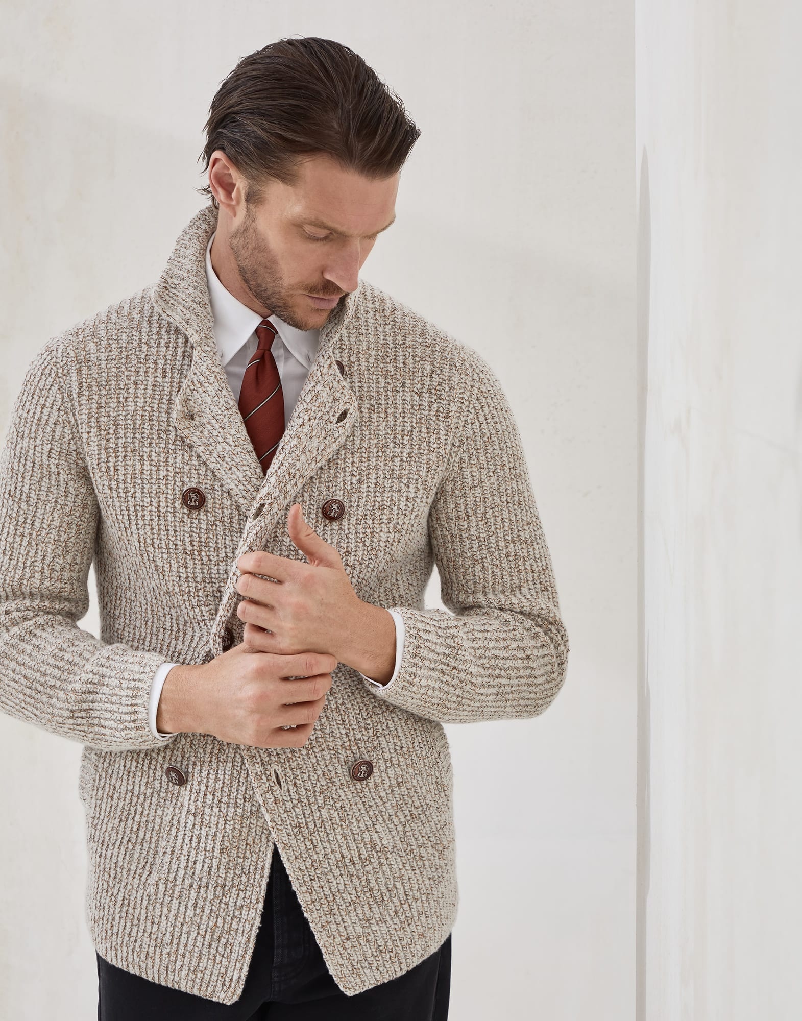 Mouliné virgin wool, silk and cashmere half English rib one-and-a-half breasted cardigan with metal  - 4