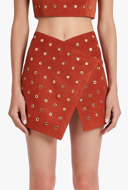 Balmain x Netflix -Short terracotta and golden suede skirt - 5