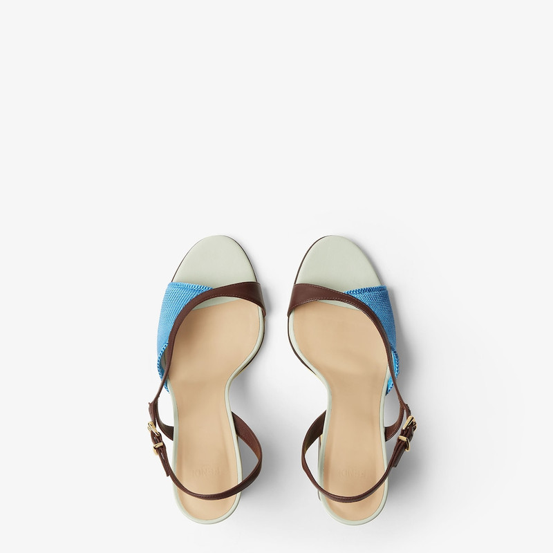 Fendi Arco High-heeled sandal in light blue knit and dark brown nappa leather. 4