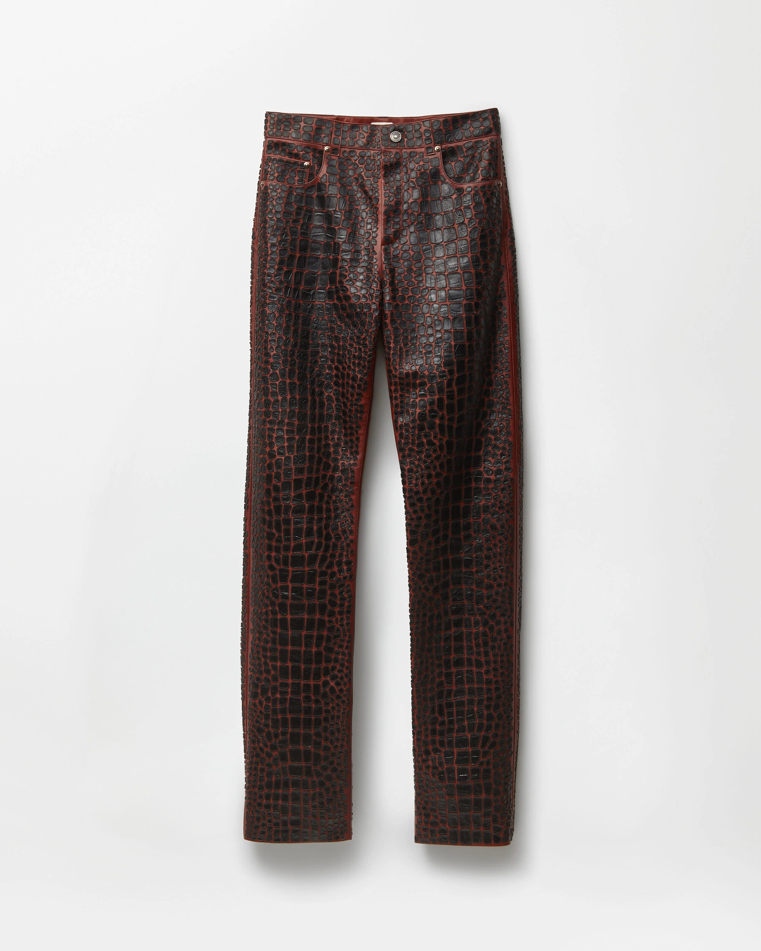 Embroidered Croc-Effect Leather Pants - 1