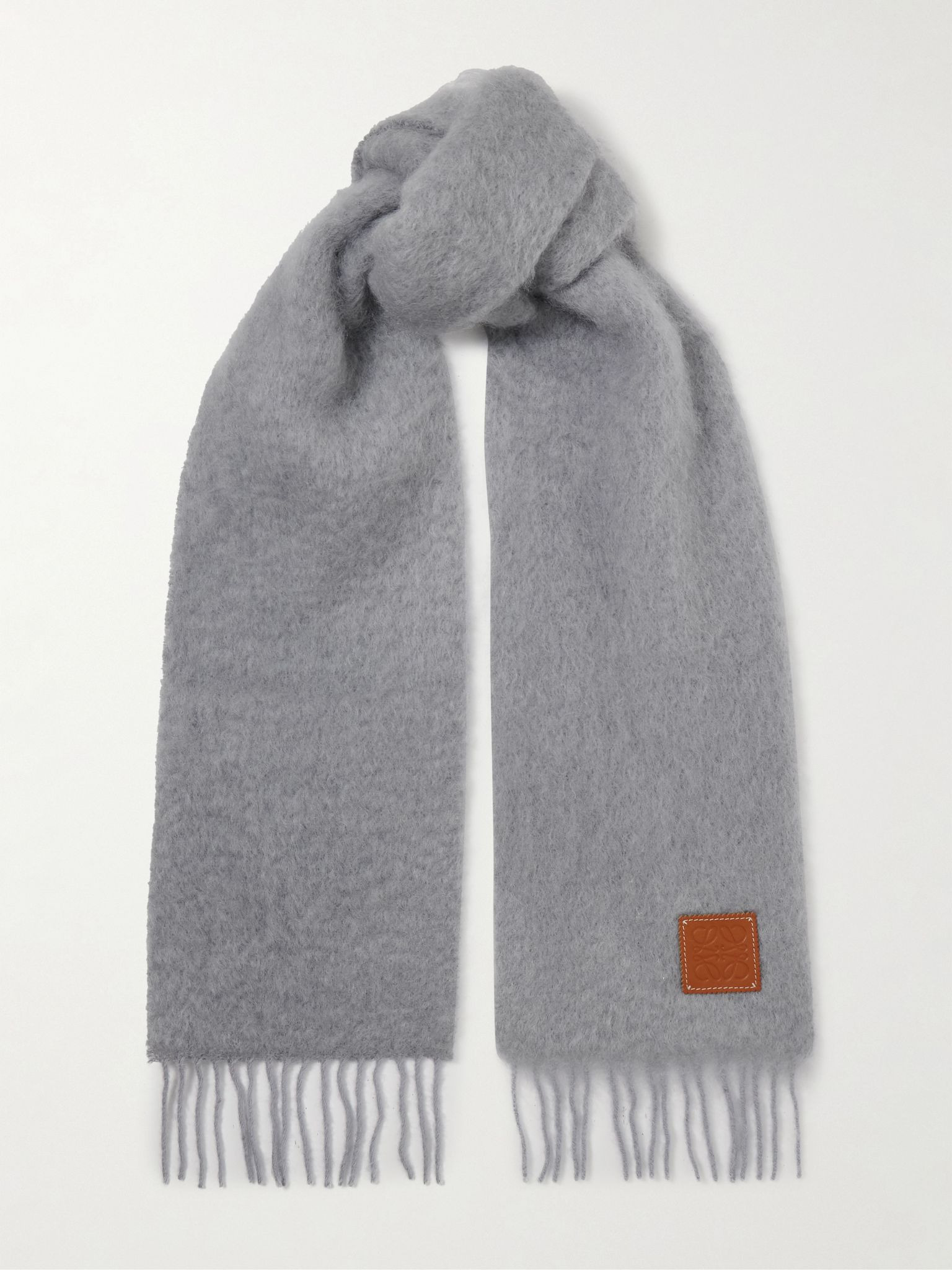 Fringed appliquéd leather-trimmed brushed mohair-blend scarf Light gray - 1
