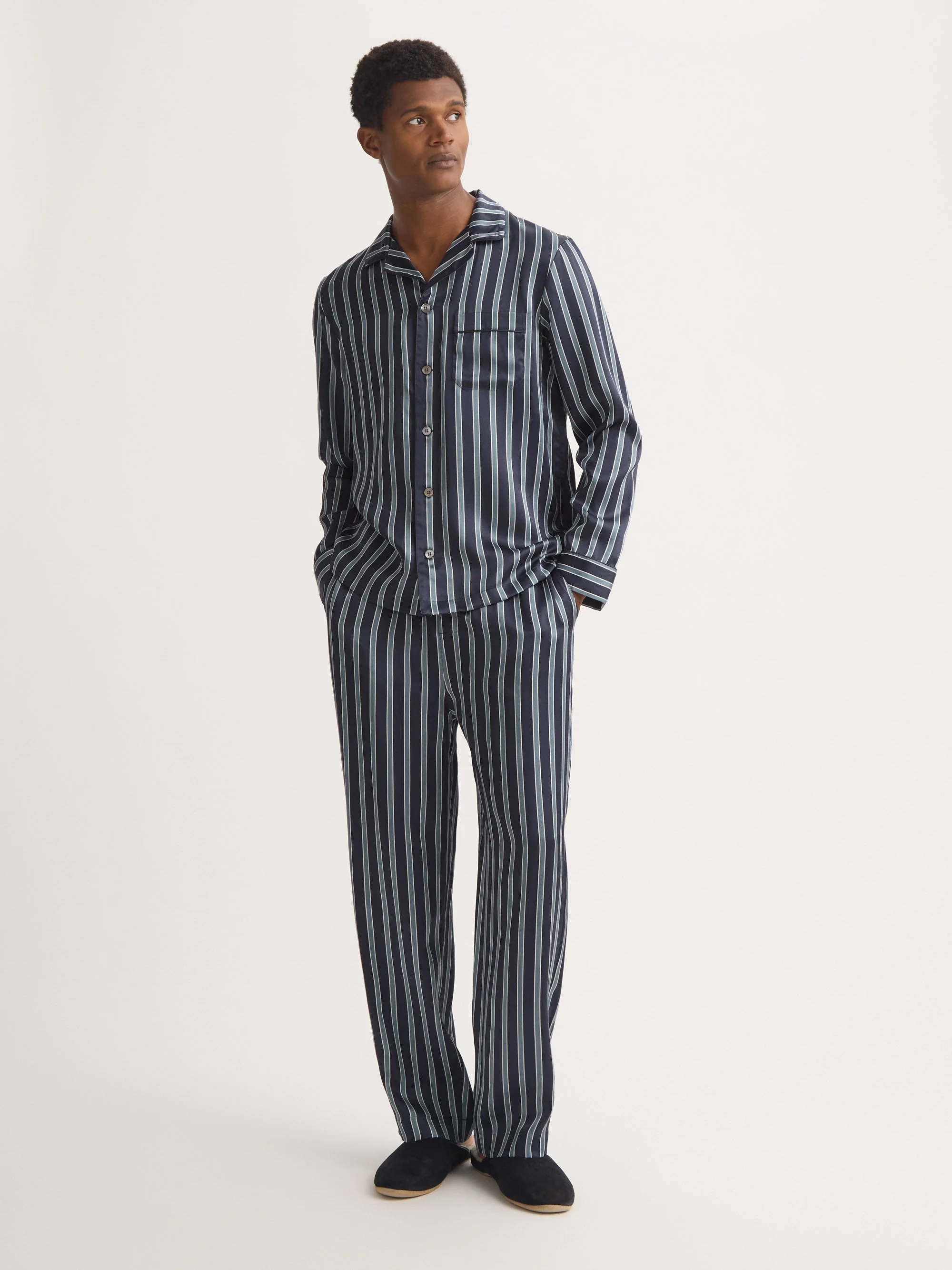 Men's Silk Pajamas Navy Blue & Blue Stripe - 1
