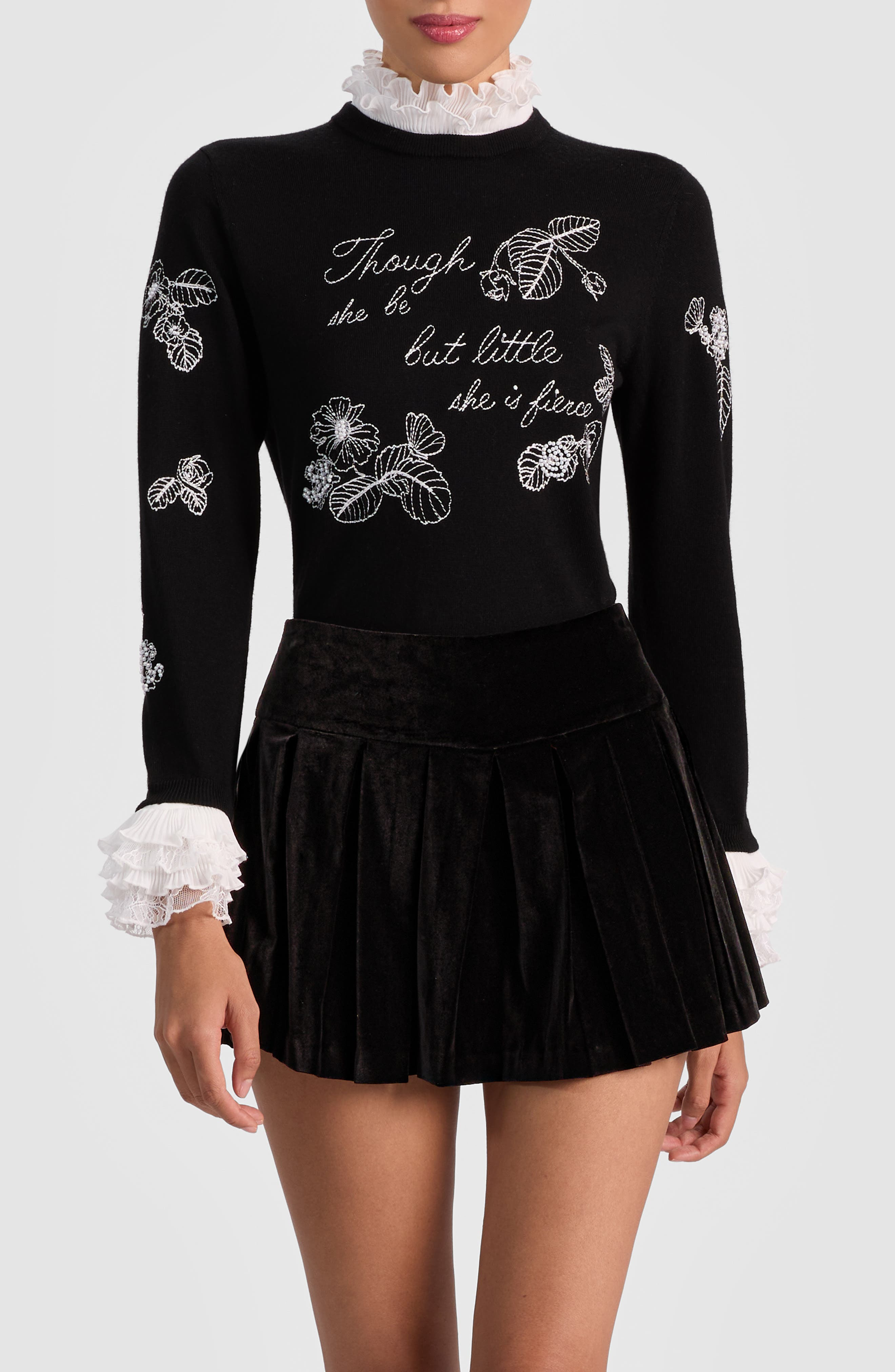 Alice + Olivia Carolann Embroidered Stretch Wool Sweater in Black/White at Nordstrom - 1