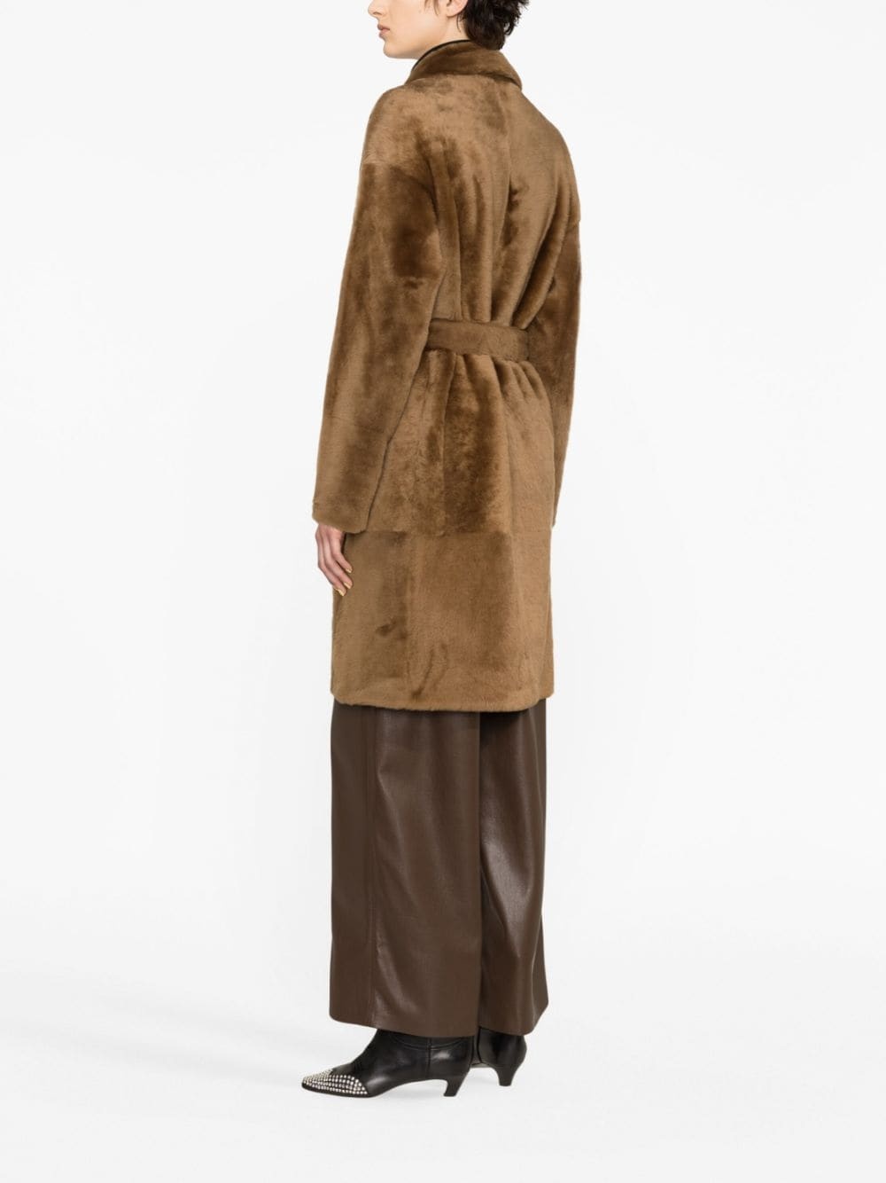 shearling belted single-breasted coat - 3
