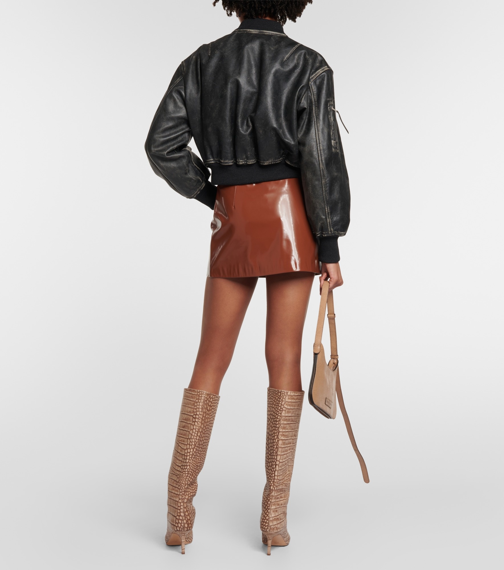 Cropped leather bomber jacket - 3