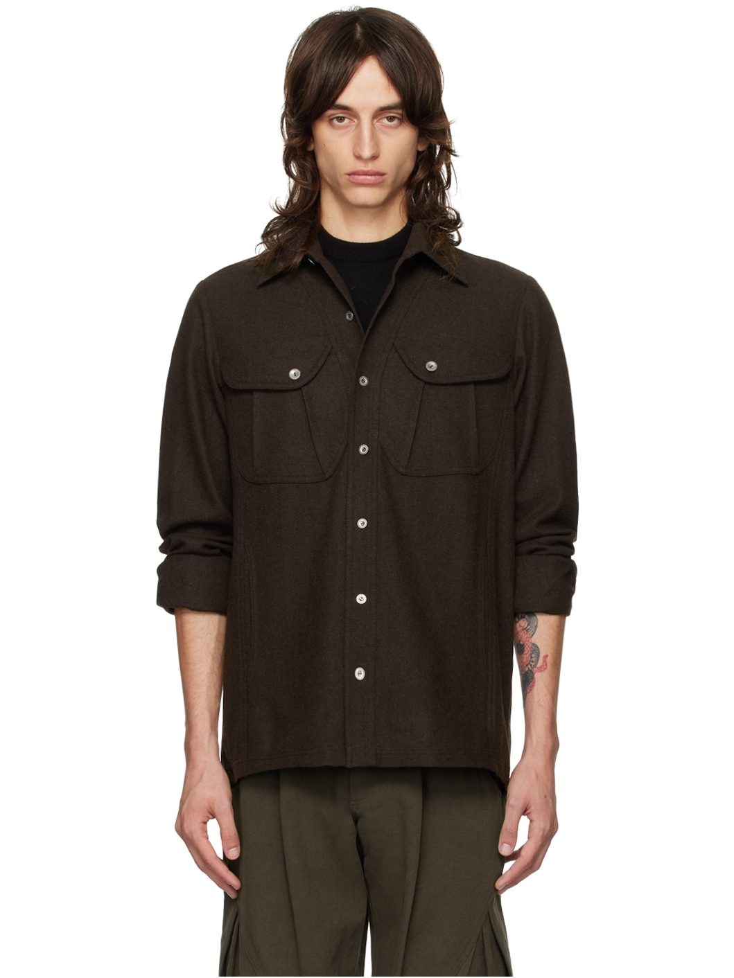 Brown Wool Pockets Shirt - 1