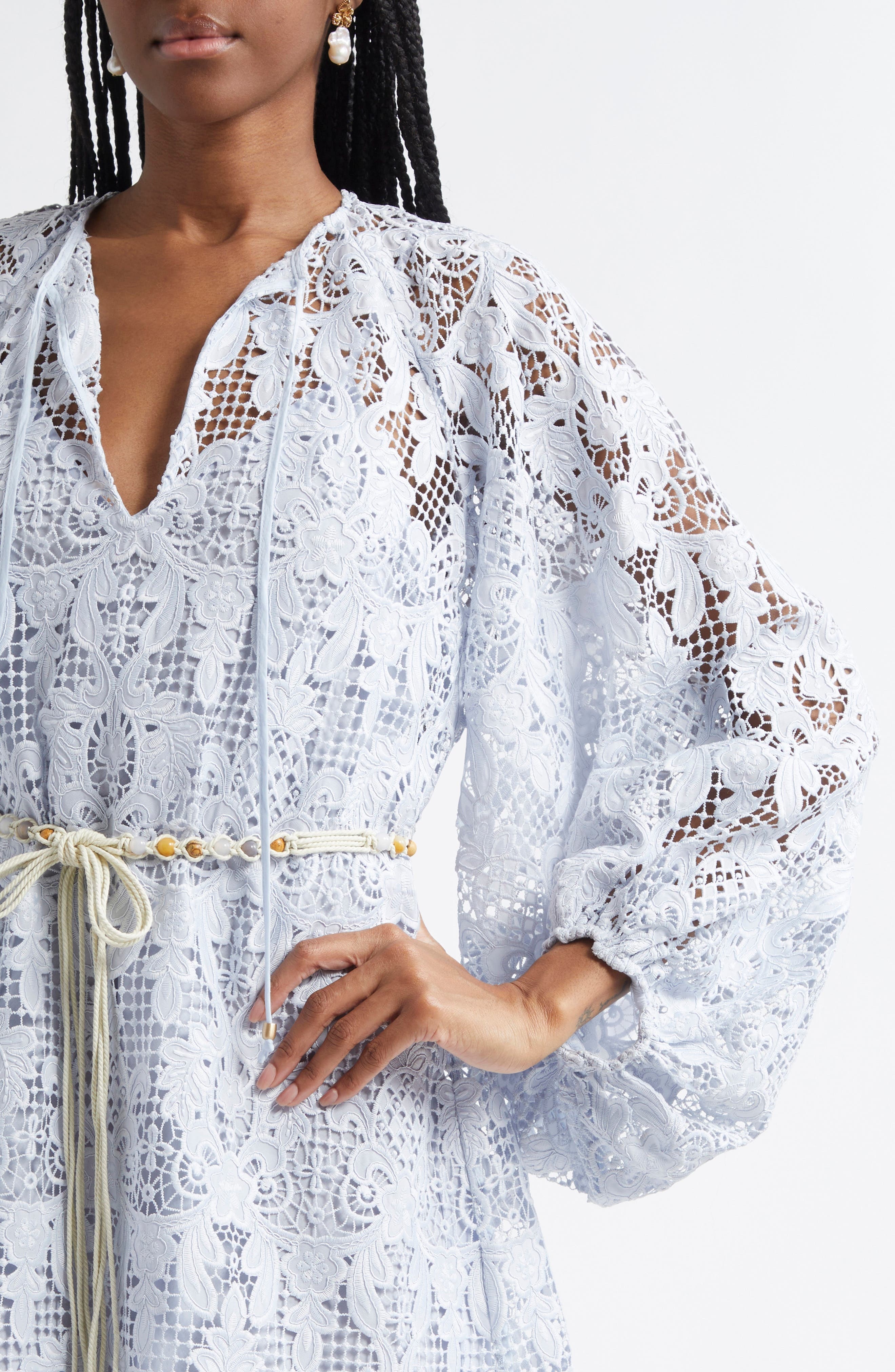 Zimmermann Coco Long Sleeve Guipure Lace Dress in Powder Blue at Nordstrom - 4