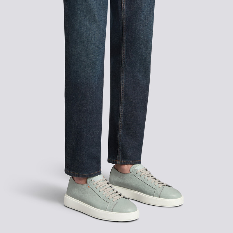 Santoni Men's light blue tumbled leather sneaker outlook
