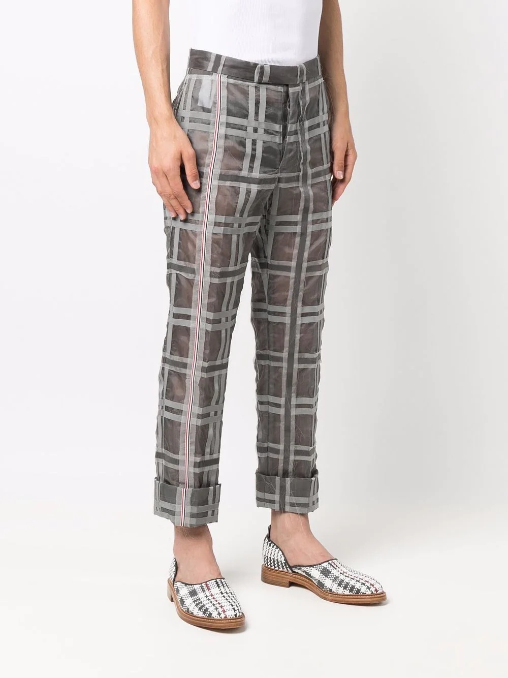 semi-sheer check-pattern cropped suit trousers - 3