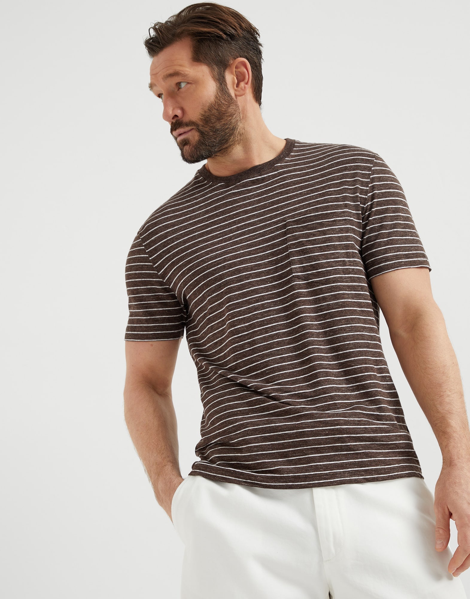 Striped linen stretch jersey crew neck T-shirt with chest pocket - 1