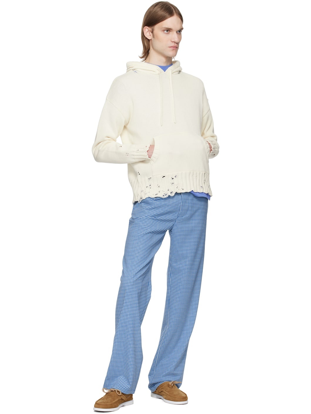 Blue & White Wool Blend Gingham Trousers - 4