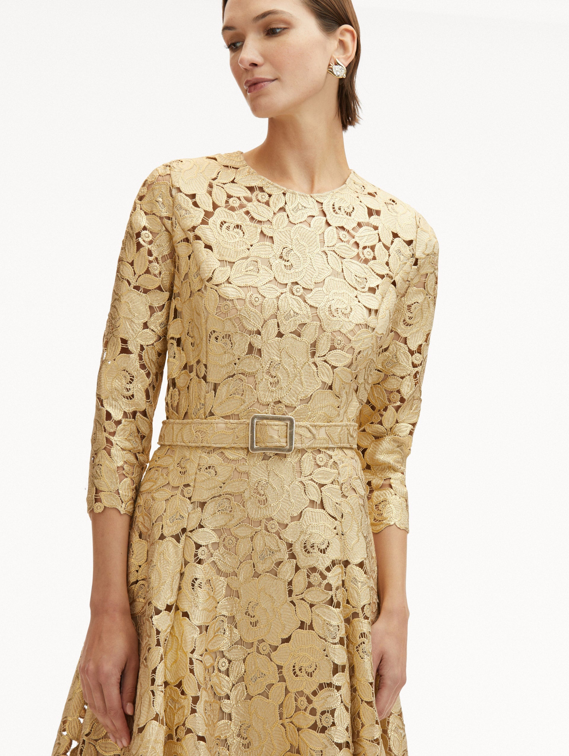 GOLD FOIL ROSE GUIPURE DRESS - 5