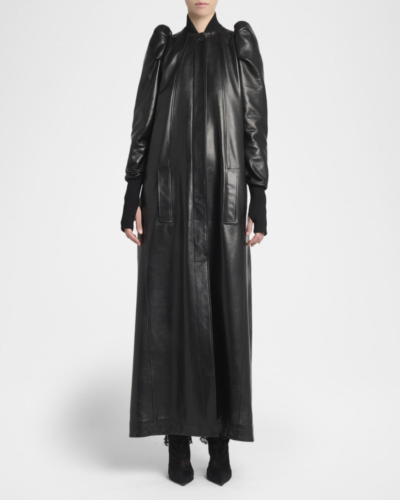 Alexander McQueen Structured Puff-Sleeve Long Leather Coat outlook