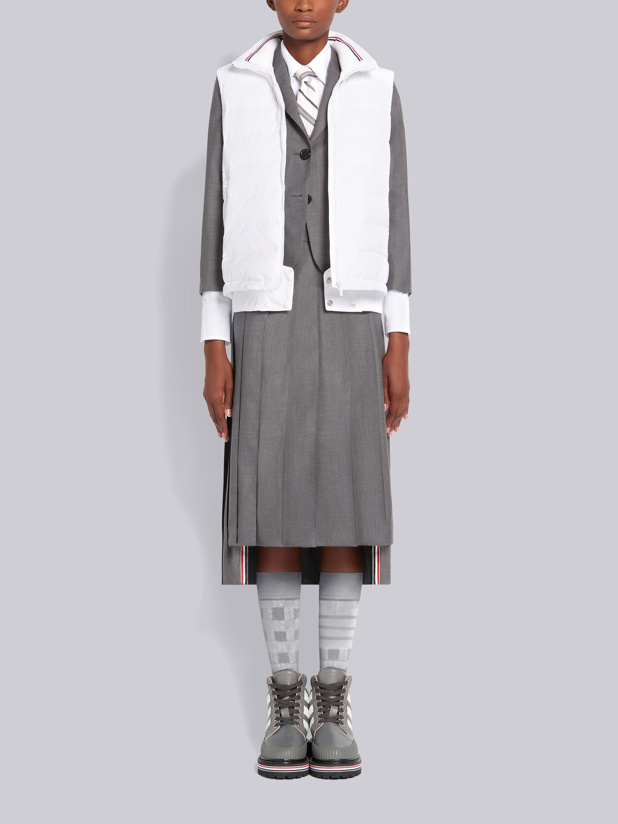 White Down Filled Poly Twill Center Back Stripe Funnel Neck Vest - 3