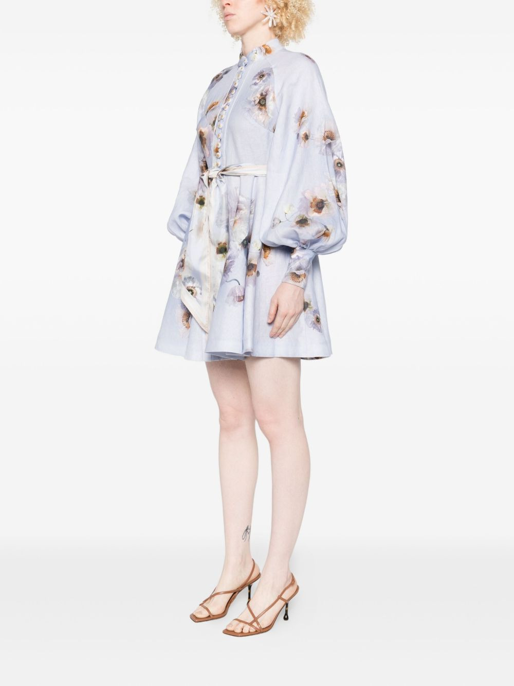 floral-print linen mini dress - 3