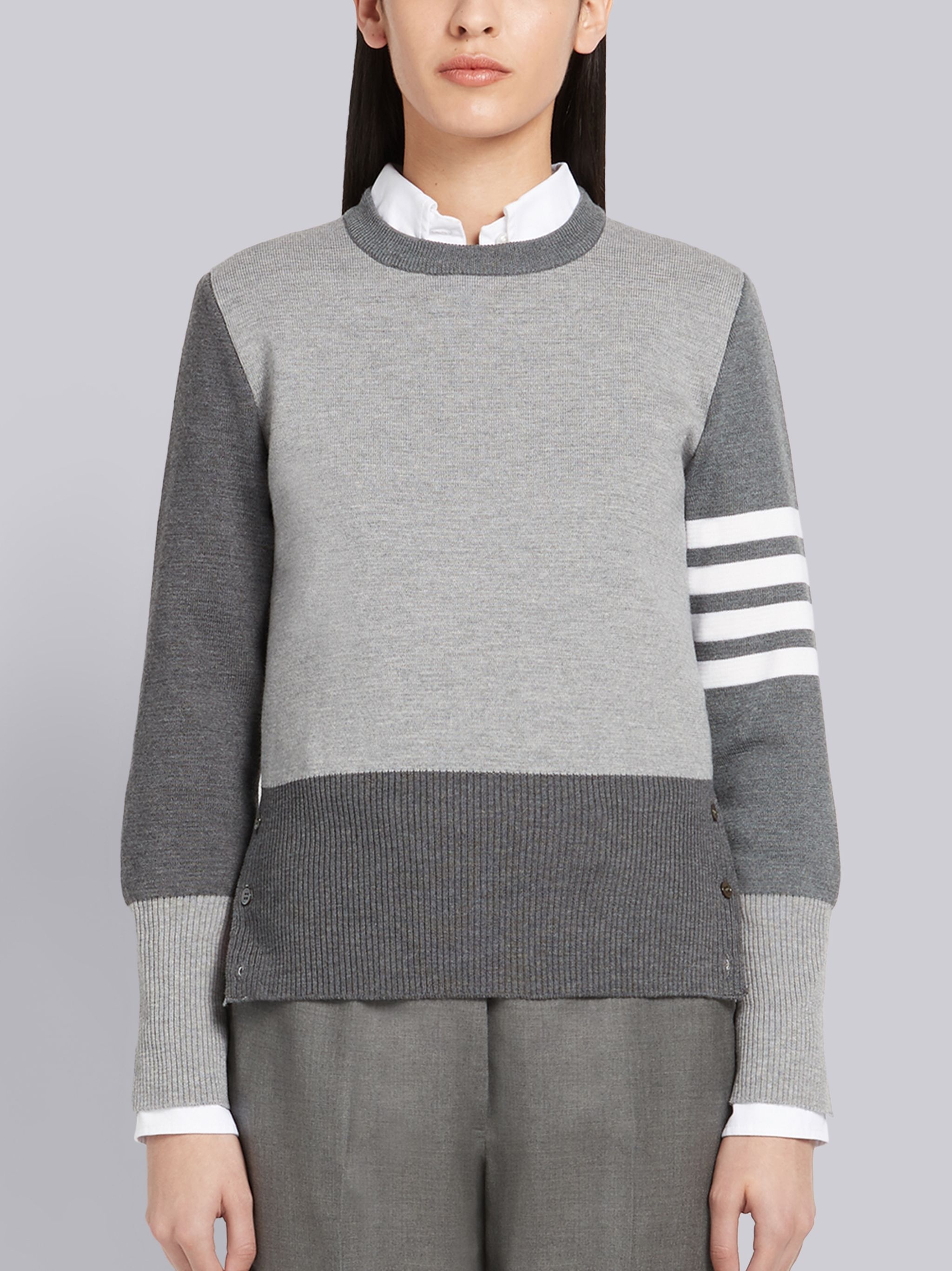 Tonal Grey Fun-mix Milano Stitch Fine Merino Wool 4-bar Crew Neck Pullover - 1