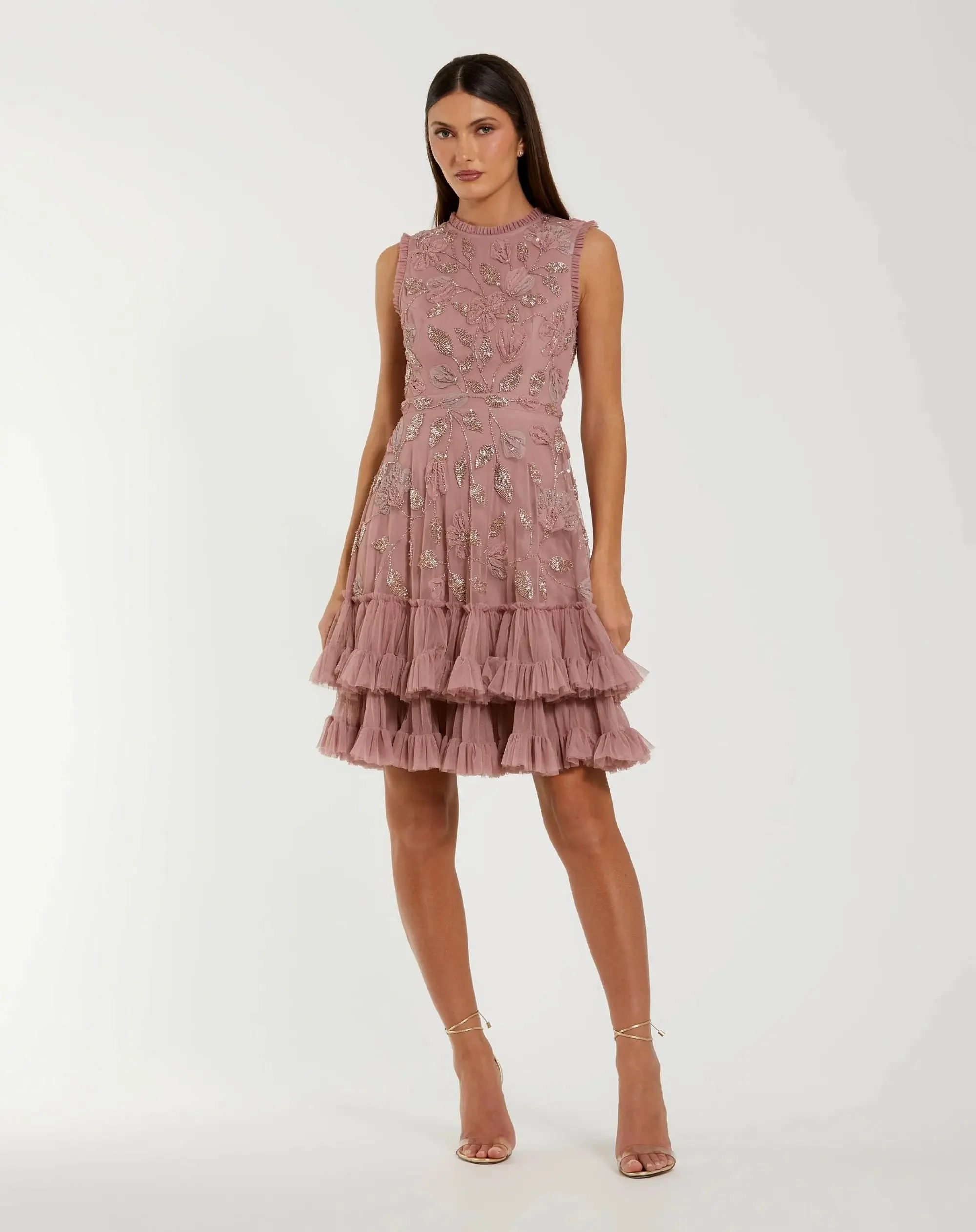 Pink High Neck Sleeveless Beaded Dress With Ruffled Hem - 1