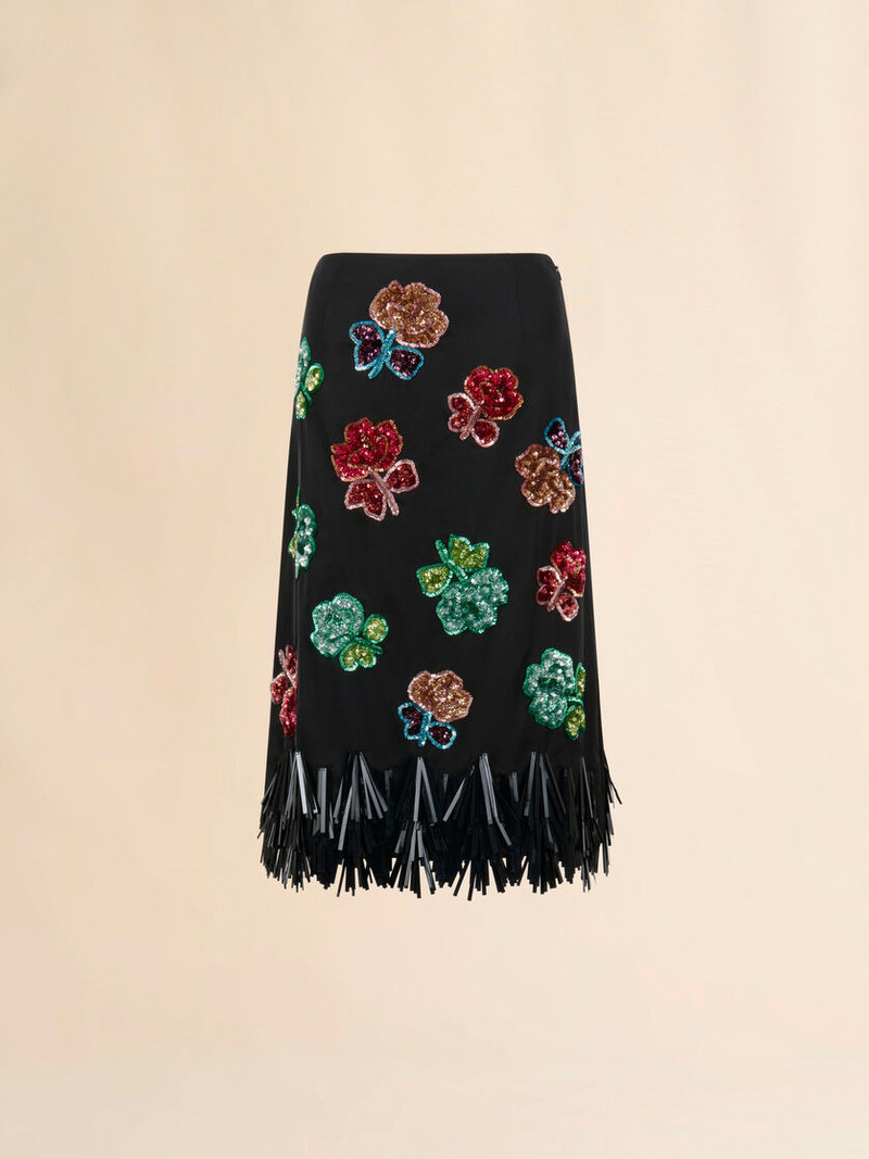 BLACK SATIN SKIRT WITH SEQUIN FLOWERS 1