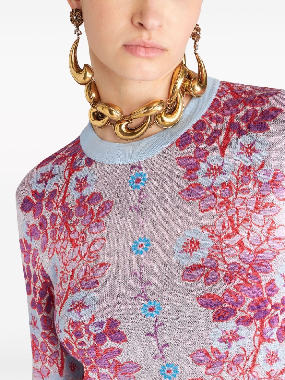 floral-jacquard crew-neck blouse - 5
