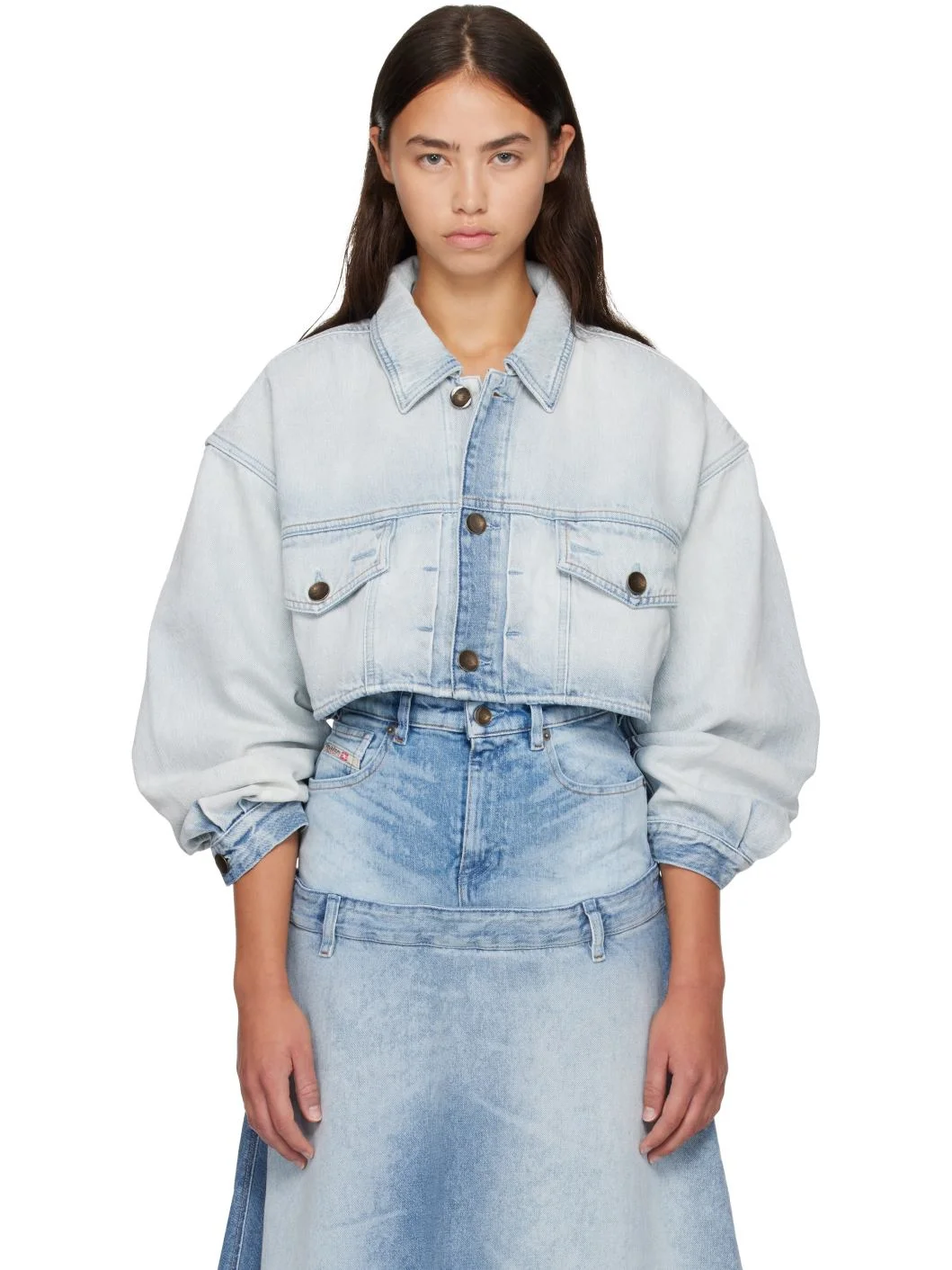 Blue Oversized Cropped Trucker Denim Jacket - 1