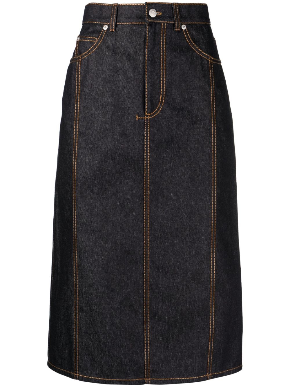 contrast-stitch denim midi skirt - 1