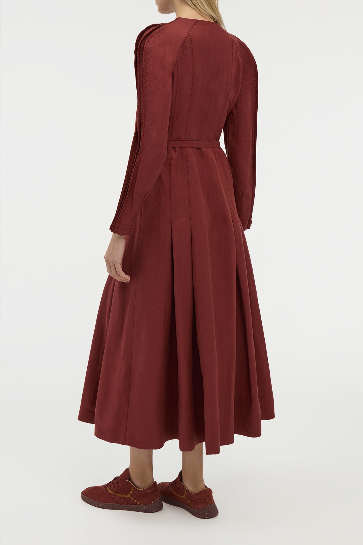 Niles Pleated Maxi Shirtdress in Burnt Sienna Linen Silk Twill - 4