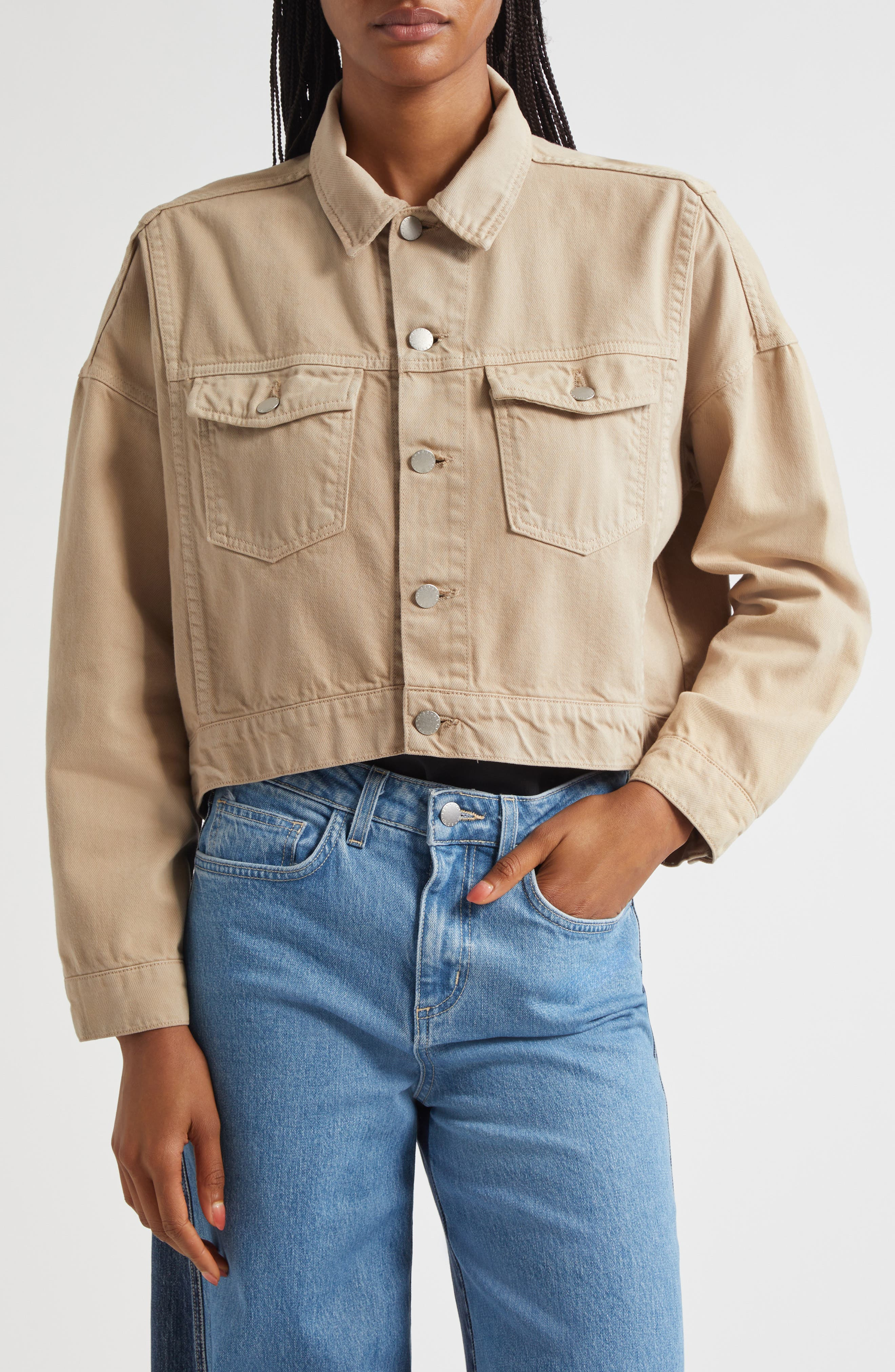 L'AGENCE Vianney High-Low Crop Denim Jacket in Pale Khaki at Nordstrom - 1