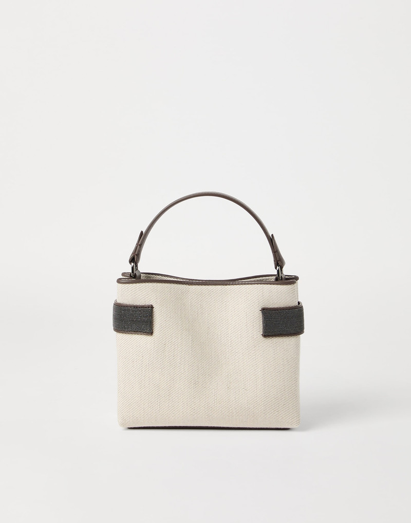 Brunello Cucinelli Essence small top-handle bag in cotton and linen drill with precious bands outlook