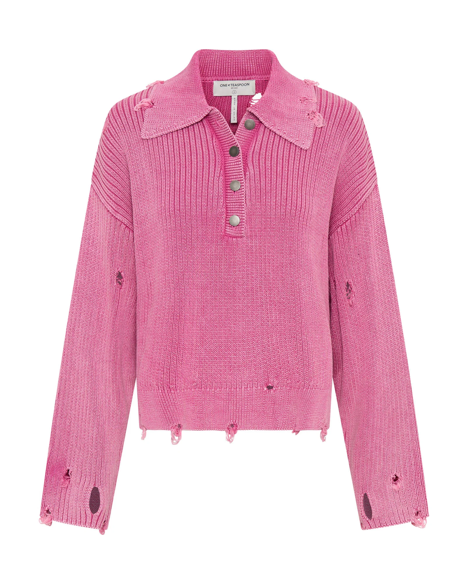 Rib College Pullover Sweater - Pink - 1