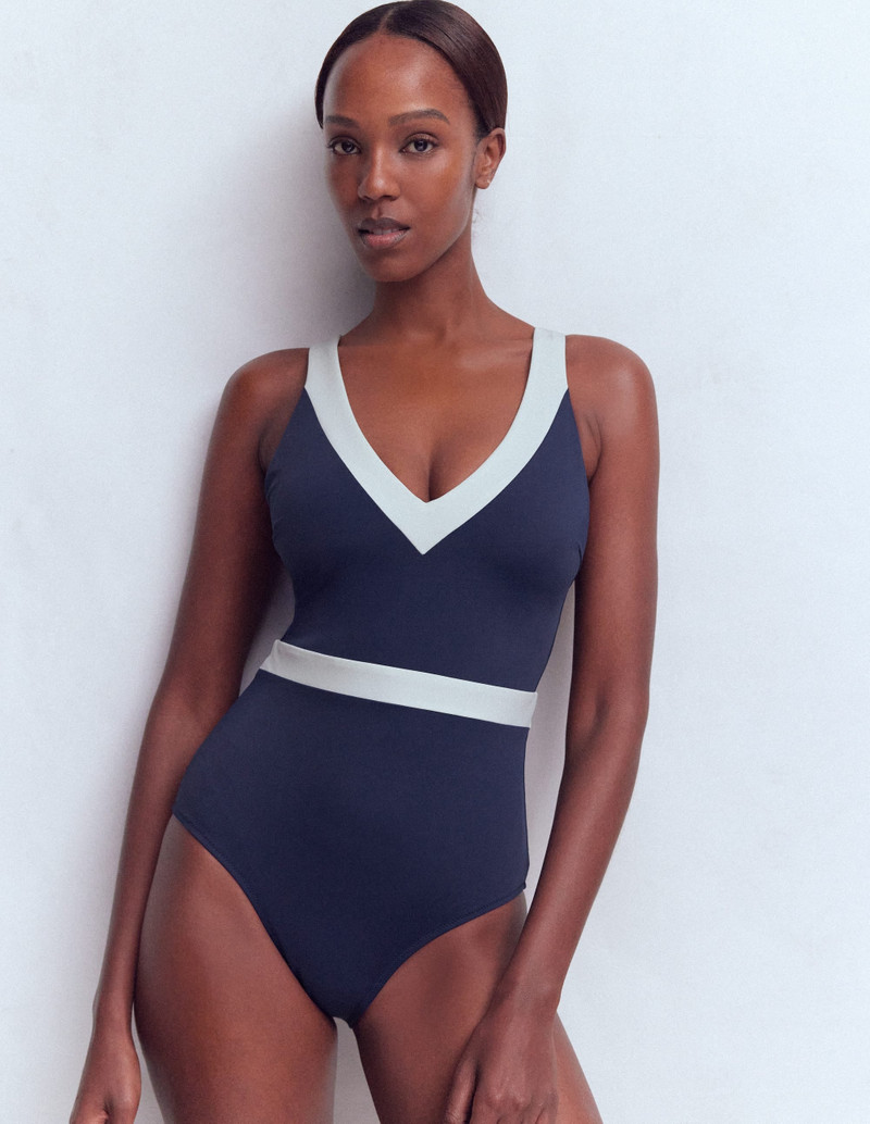 Campania Cross-back Swimsuit-Navy, Ivory Colourblock - 1