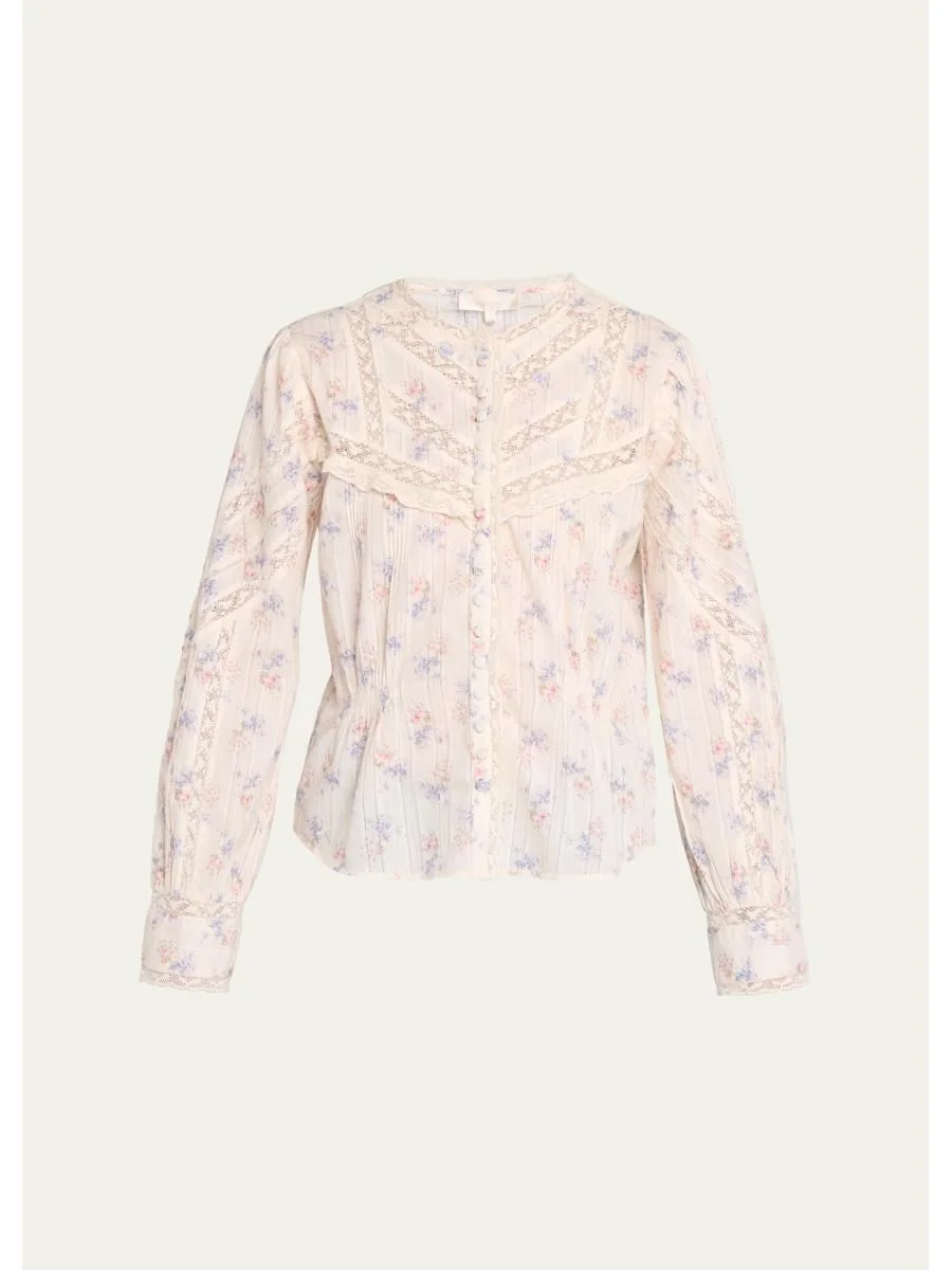 Miah Floral Lace-Trim Dobby Cotton Blouse - 1