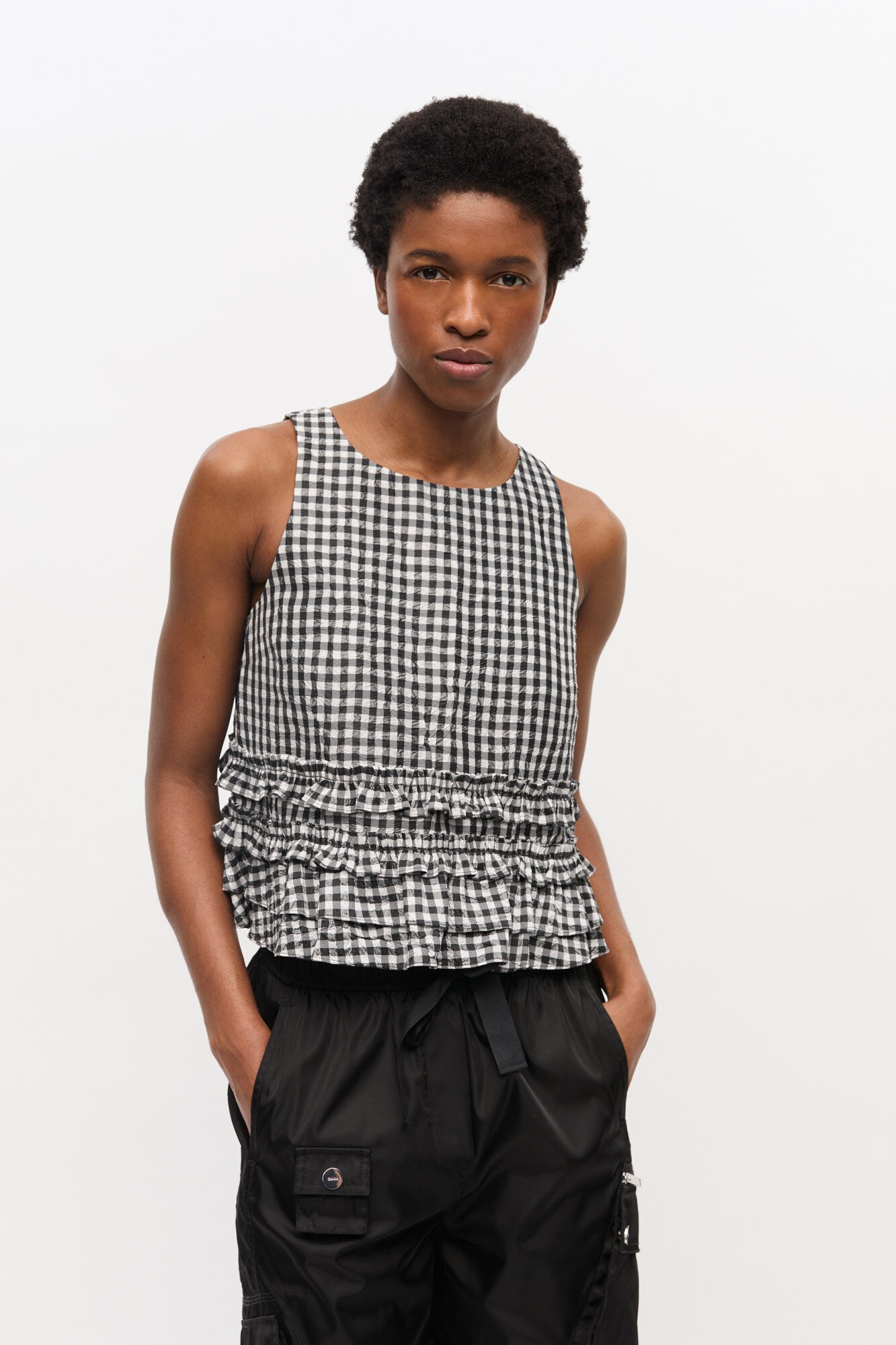 CRINKLED CHECK FRILL TOP - 2
