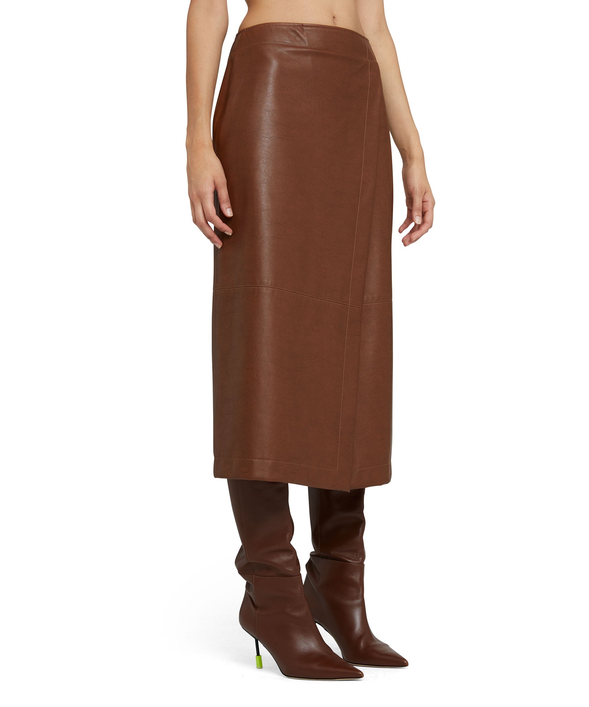 Faux leather midi skirt with wrap design and front slit - 3