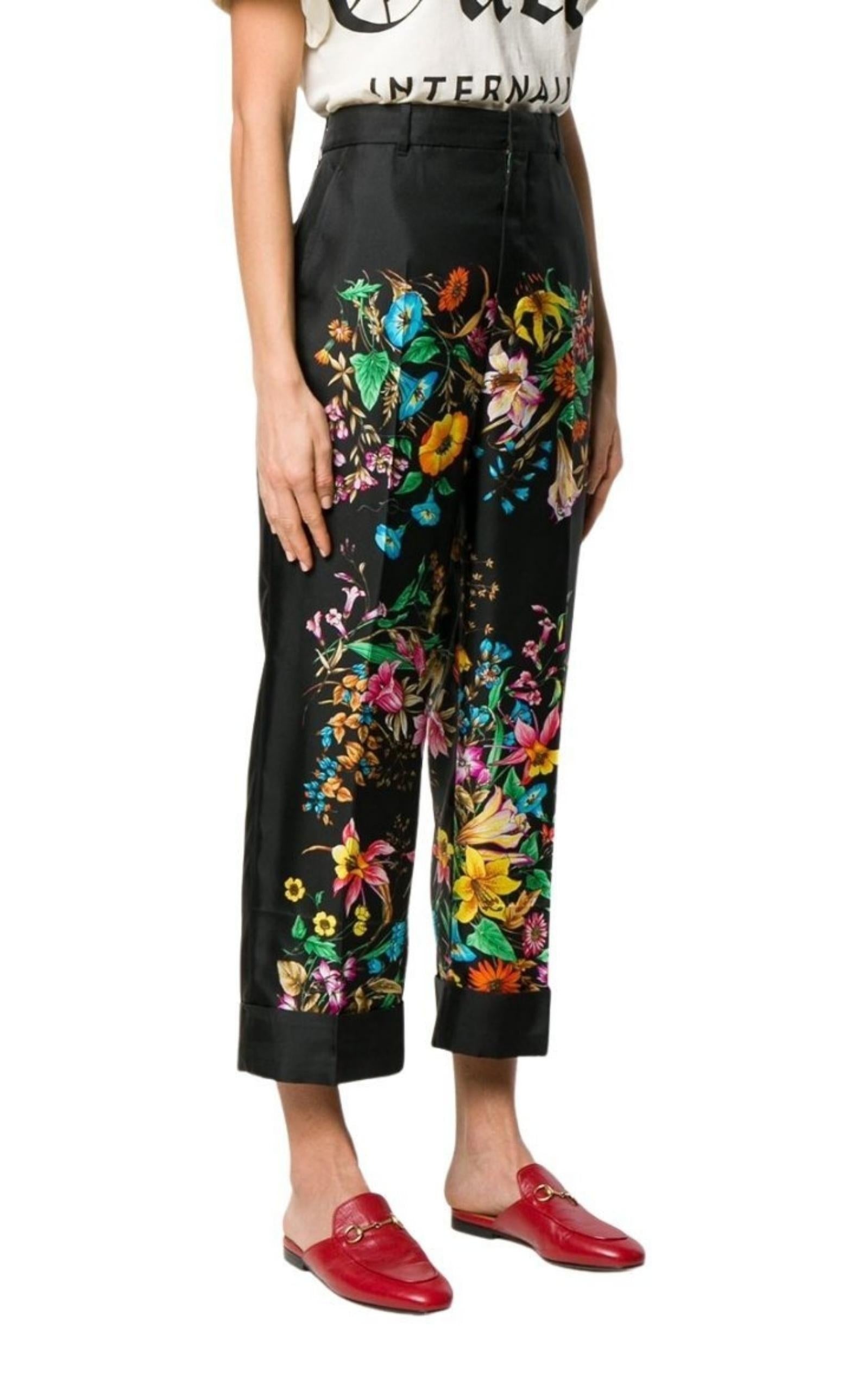 Floral Print Cropped Silk Trousers Pants - 5