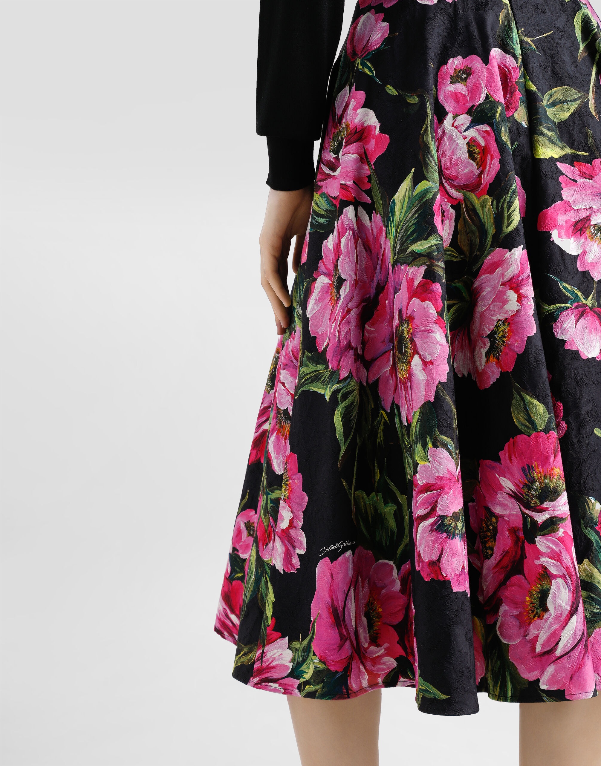 Cotton calf-length circle skirt with peony print - 4