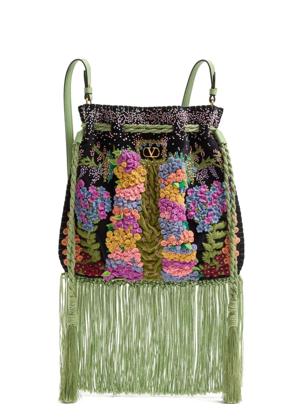 fringed embroidered drawstring bag - 1