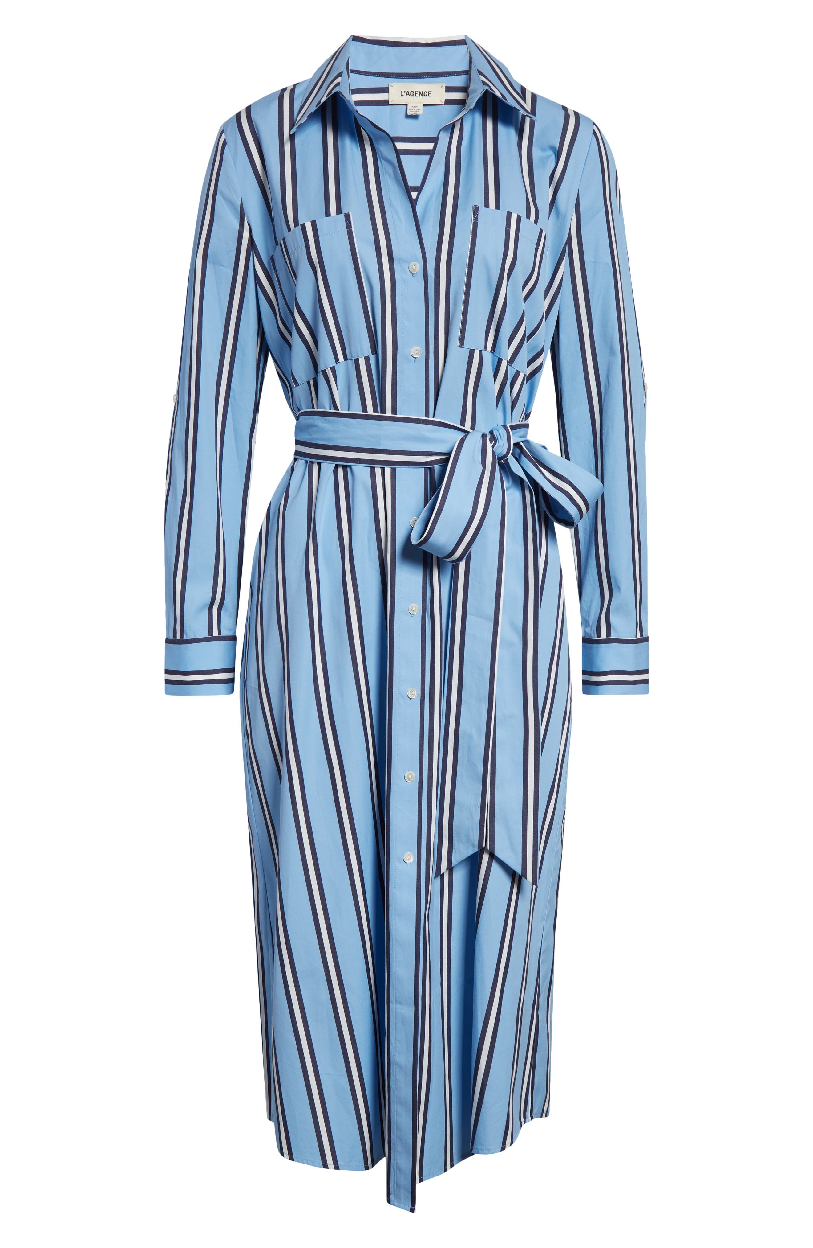 L'AGENCE Jubilee Stripe Belted Long Sleeve Cotton Shirtdress in Sky Blue/Midnight Stripe at Nordstro - 5
