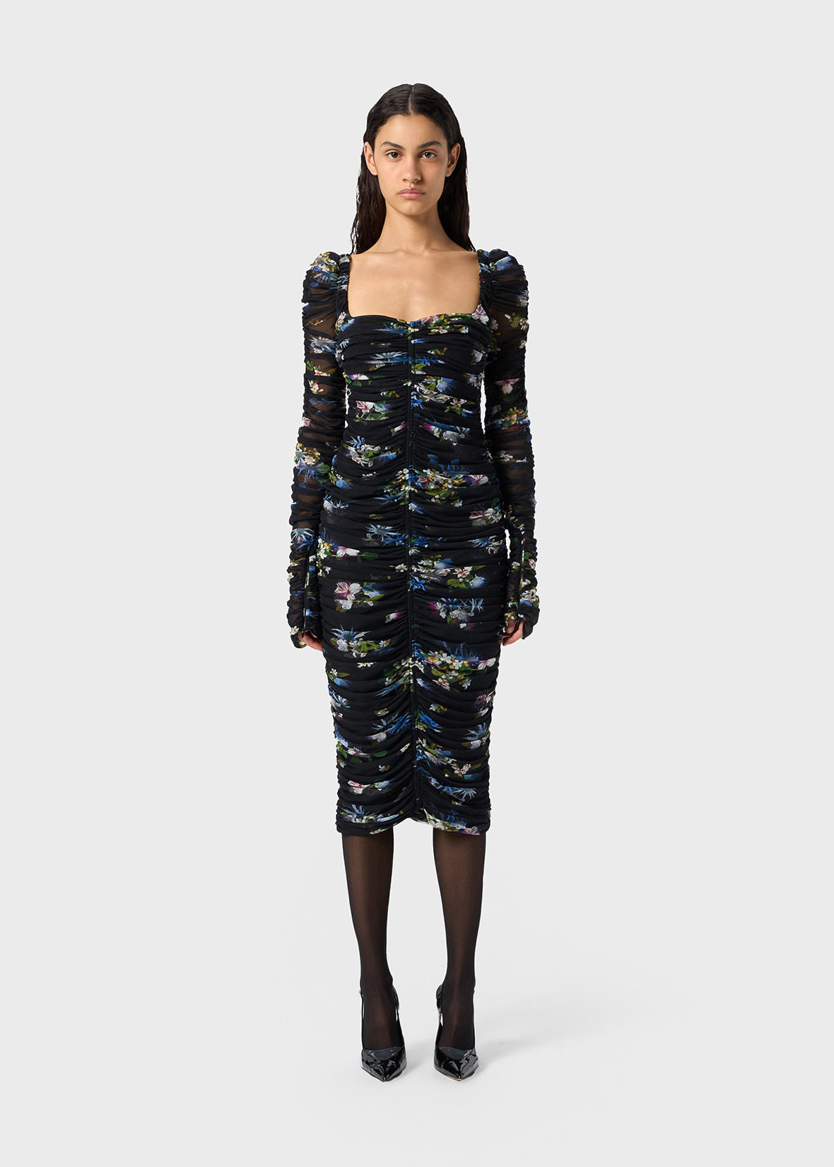 PRINTED TULLE MIDI DRESS WITH GATHERING - 3