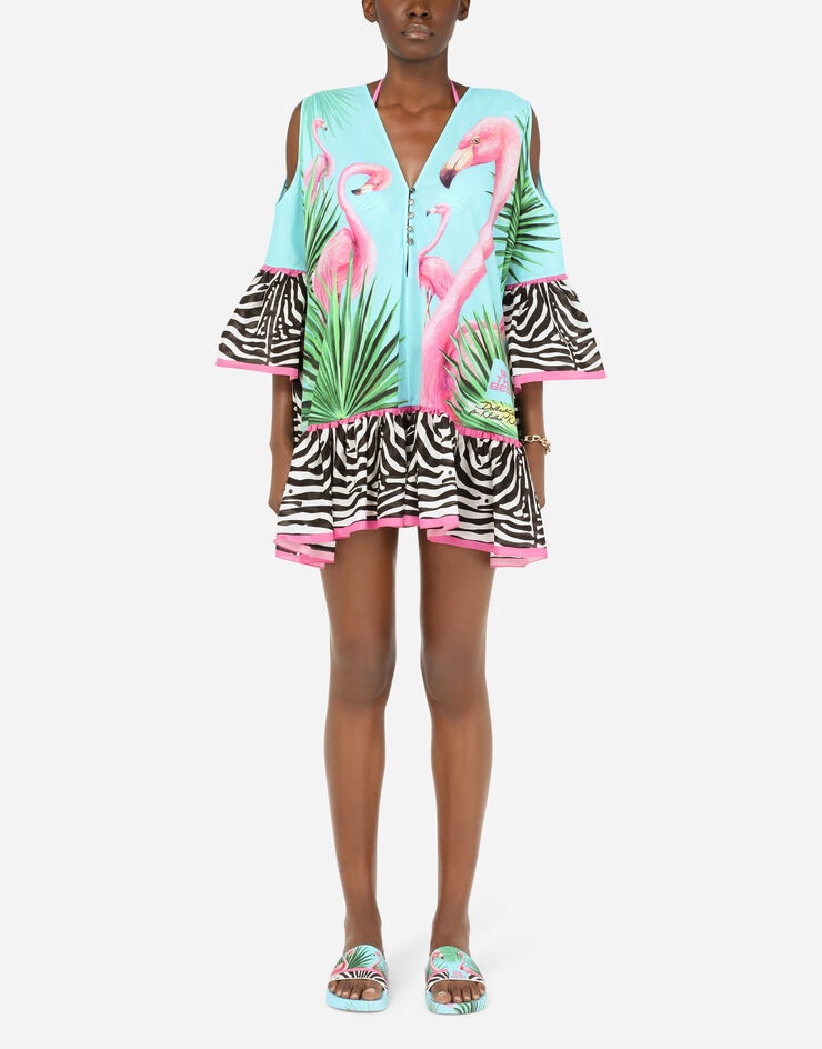 Flamingo-print poplin caftan - 6