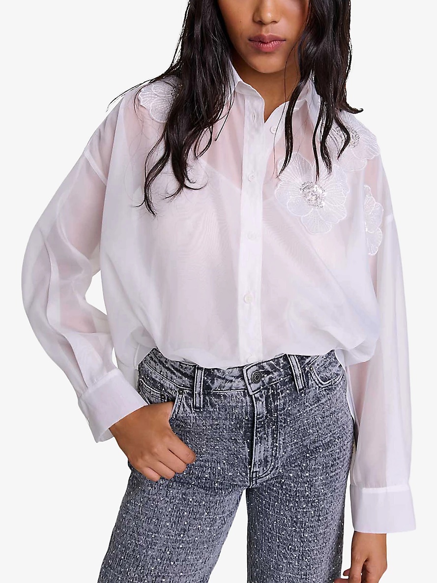 Flower-embroidered relaxed-fit organza woven shirt - 5