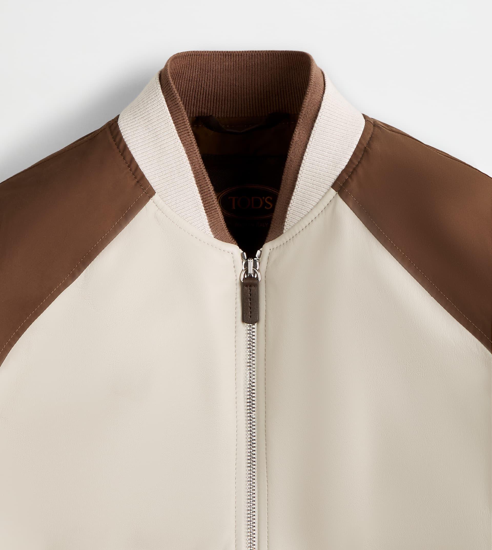 BOMBER JACKET IN LEATHER - BROWN, OFF WHITE - 8