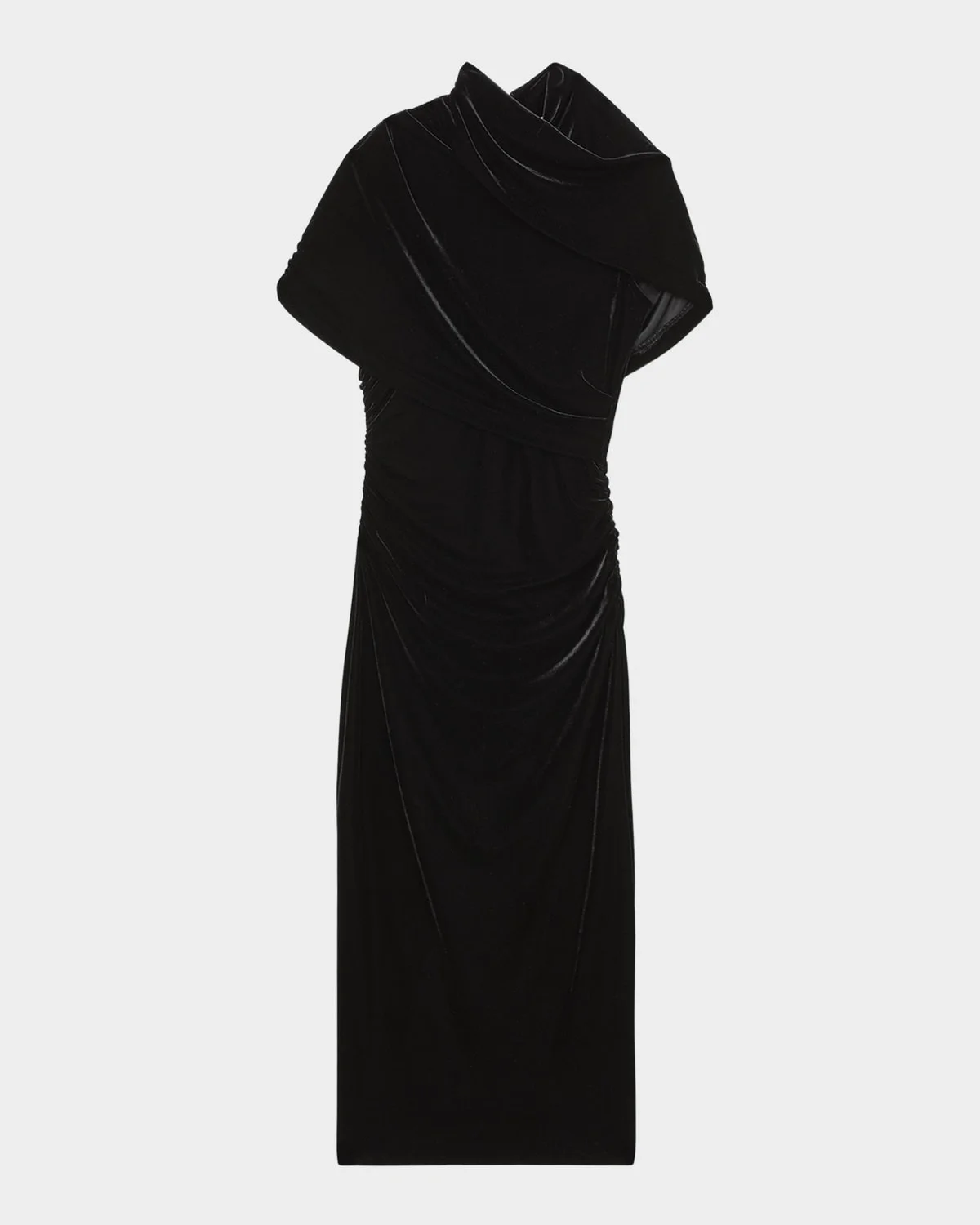 Asymmetric Draped-Neck Ruched Midi Dress - 1
