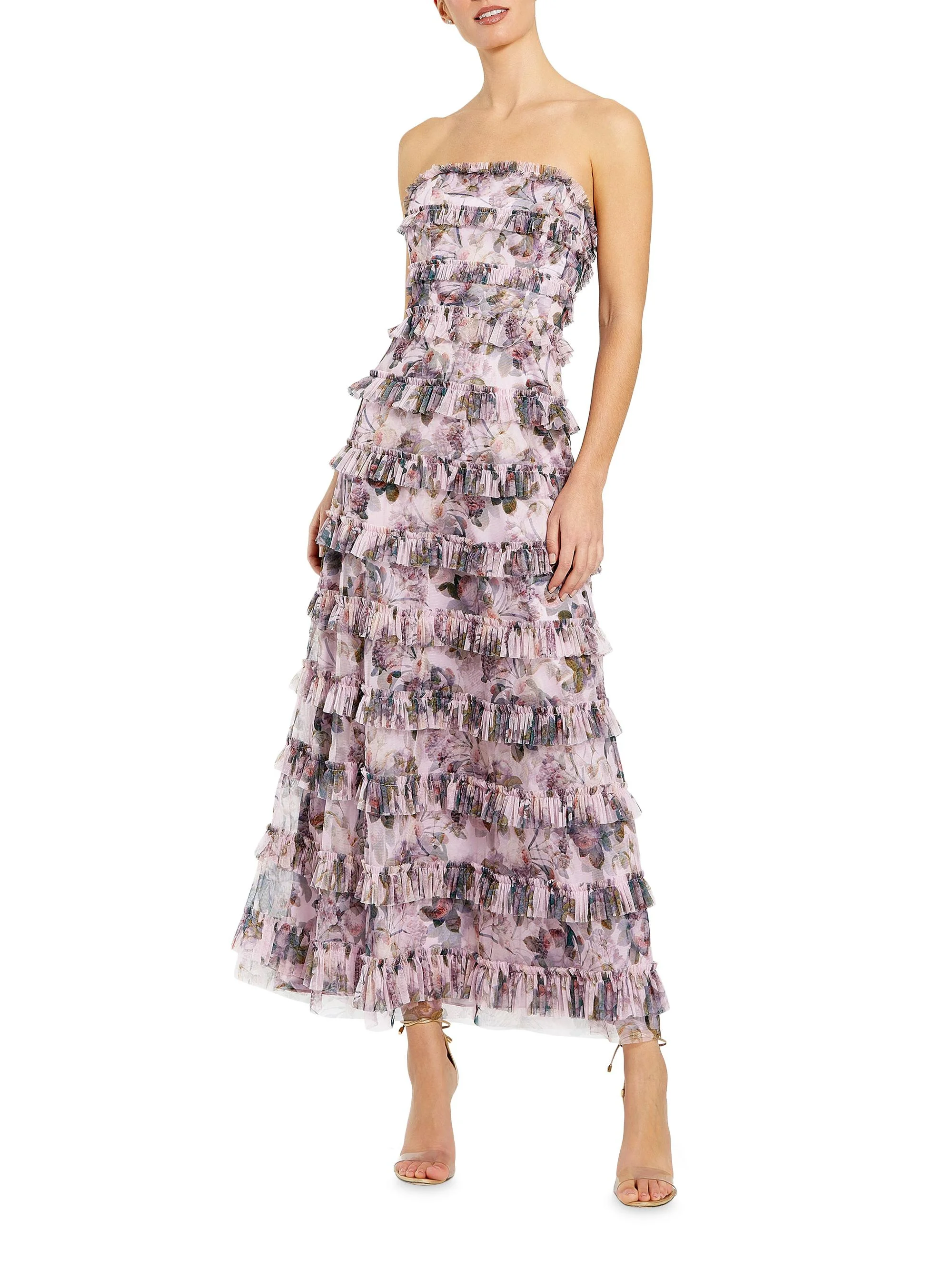 Women's Ruffled Strapless Maxi Dress - Purple Multi - 1