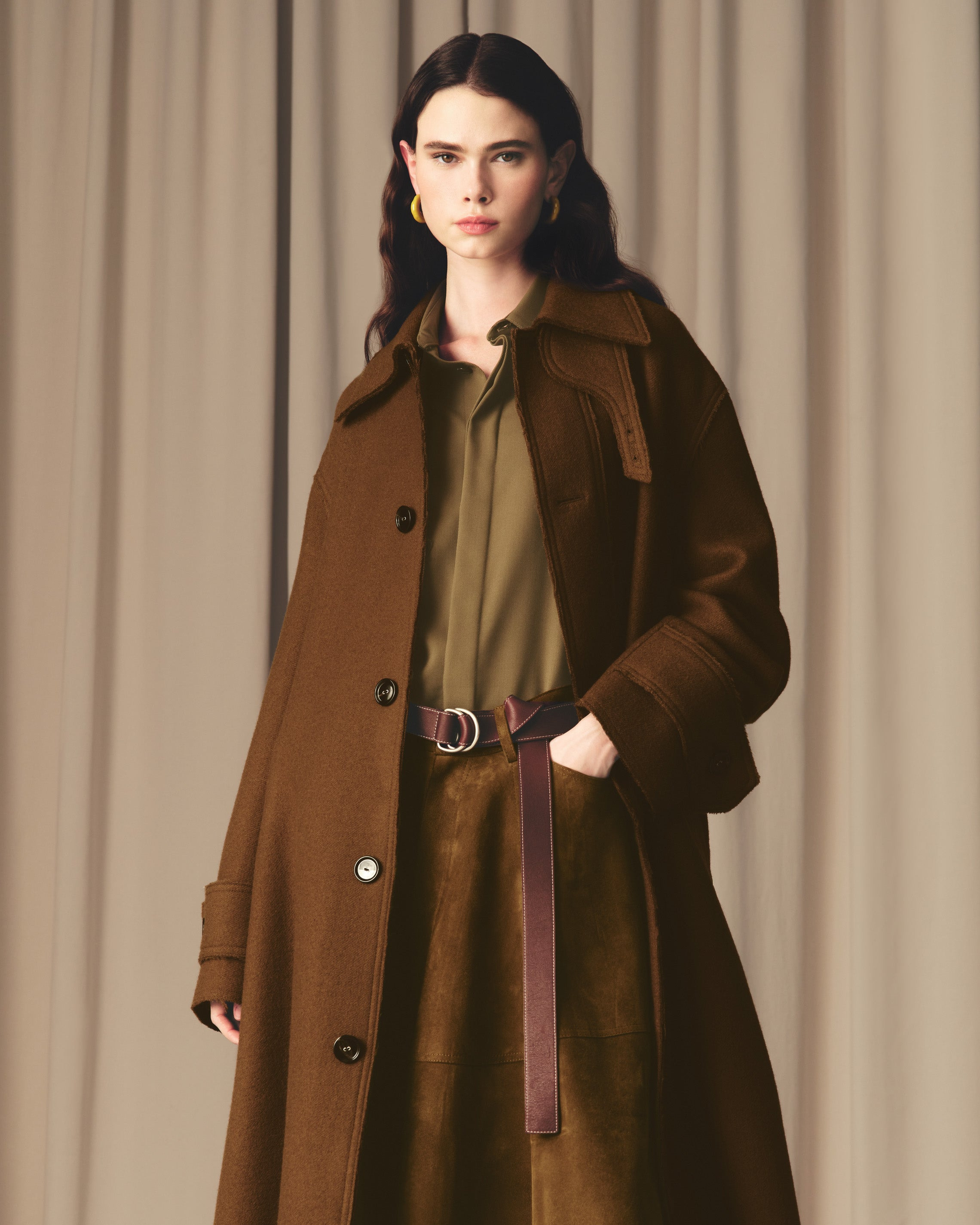 BROWN WOOL BELTED MAC - 8